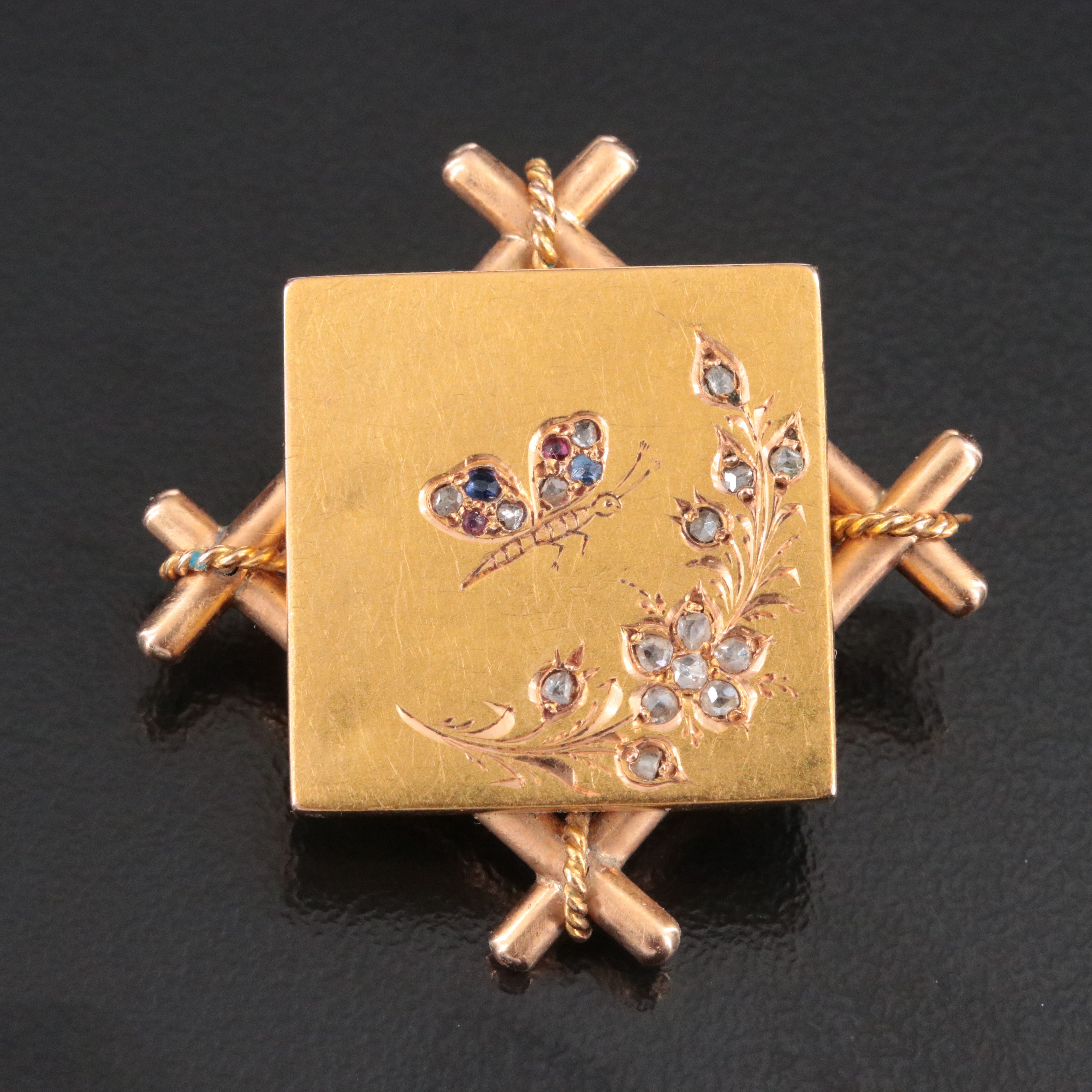 Victorian 14K and 18K Diamond, Sapphire and Ruby Accented Butterfly Pin