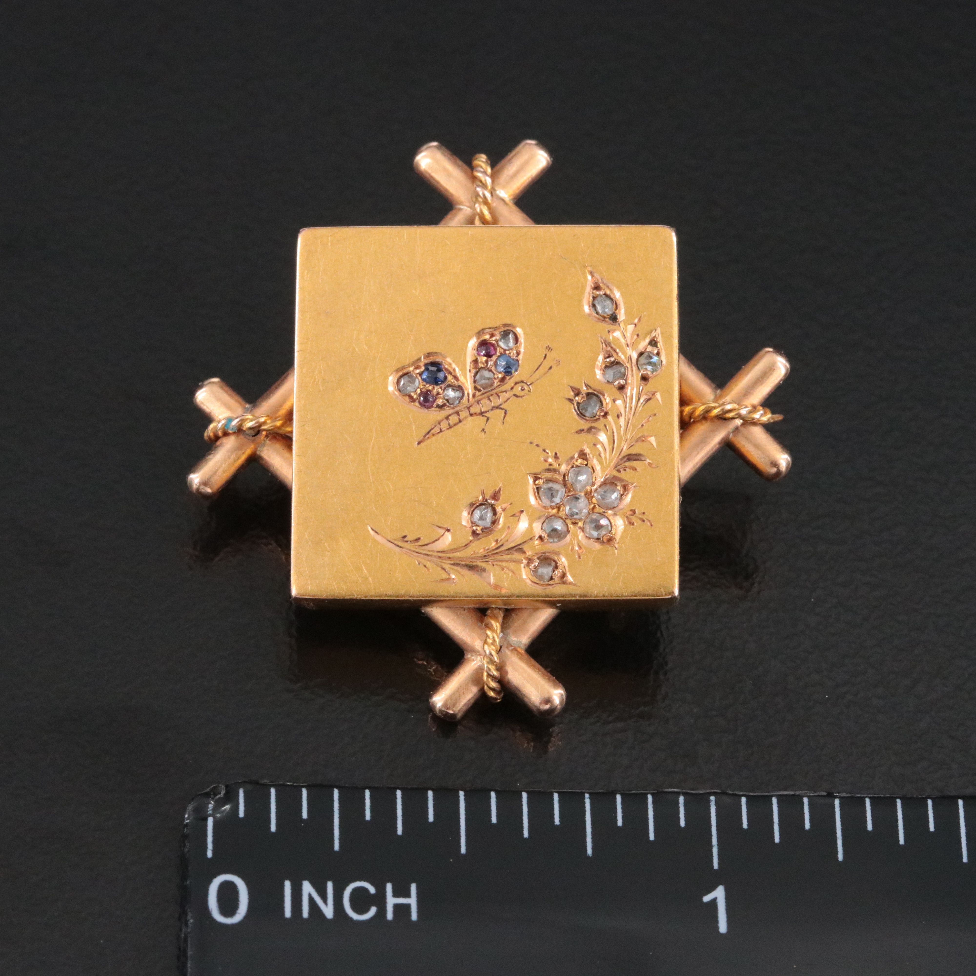 Victorian 14K and 18K Diamond, Sapphire and Ruby Accented Butterfly Pin