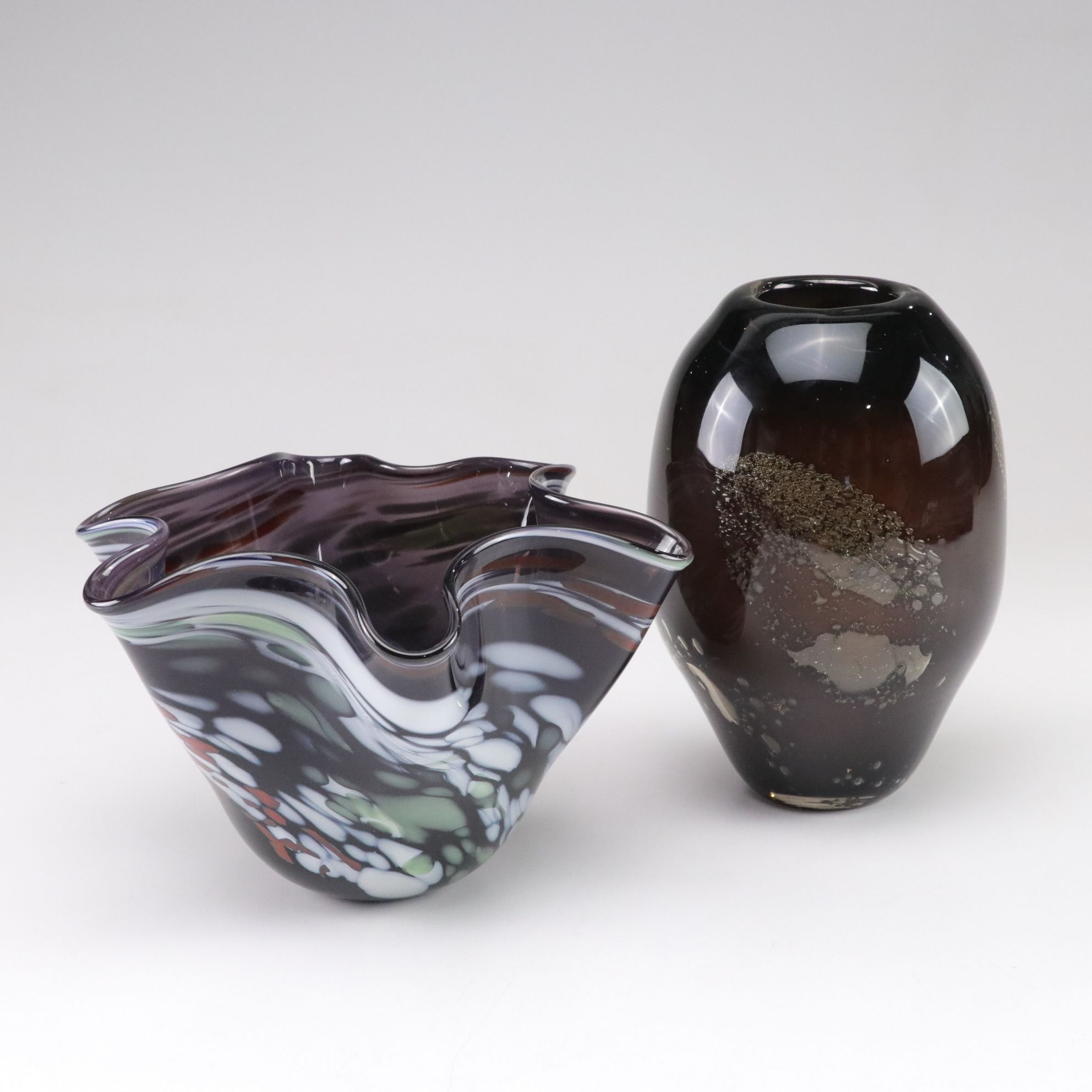 Murano Style WRK Signed Glass Bowl with Mike Zelenka Oblong Vase