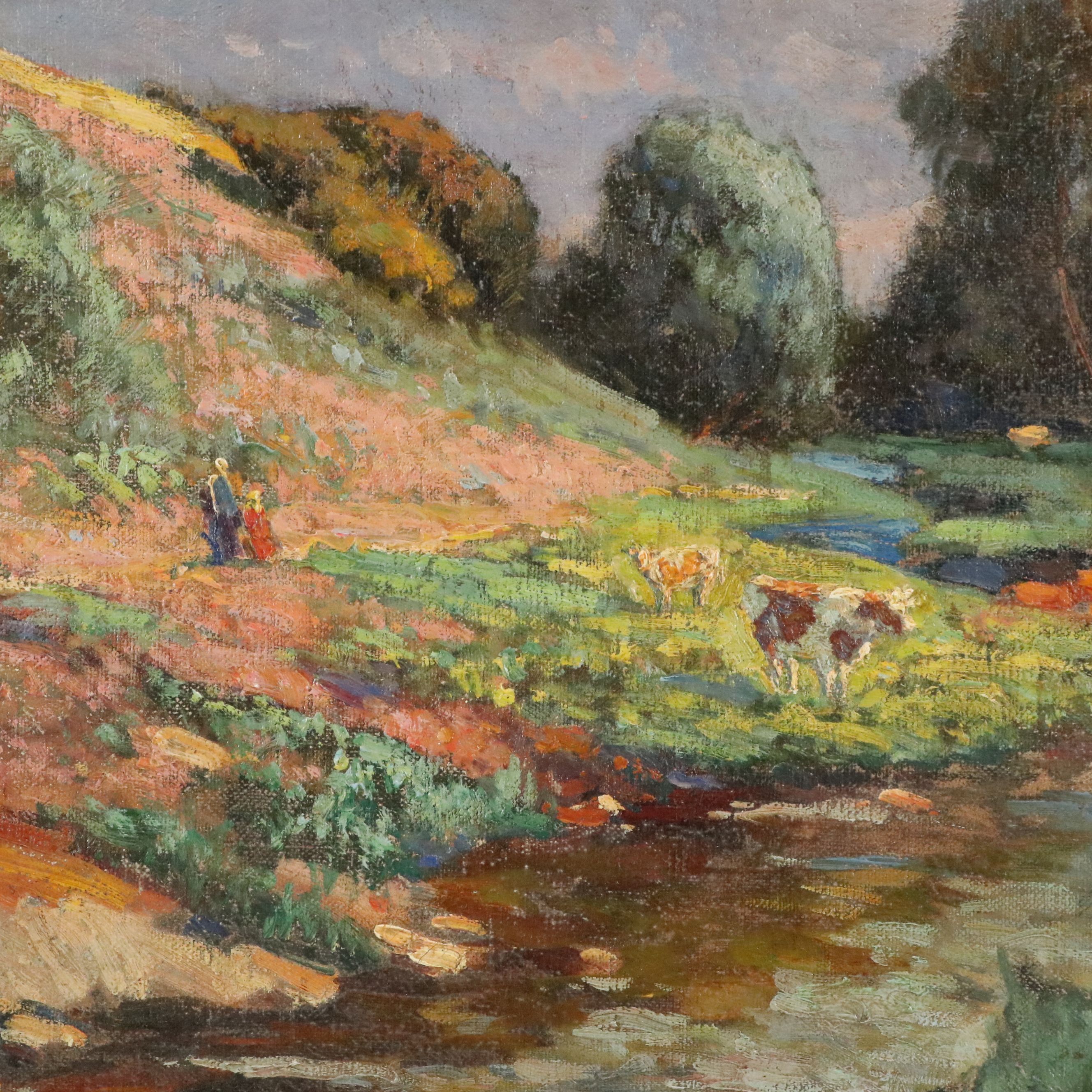 Impressionist Creek Landscape Oil Painting, Early 20th Century