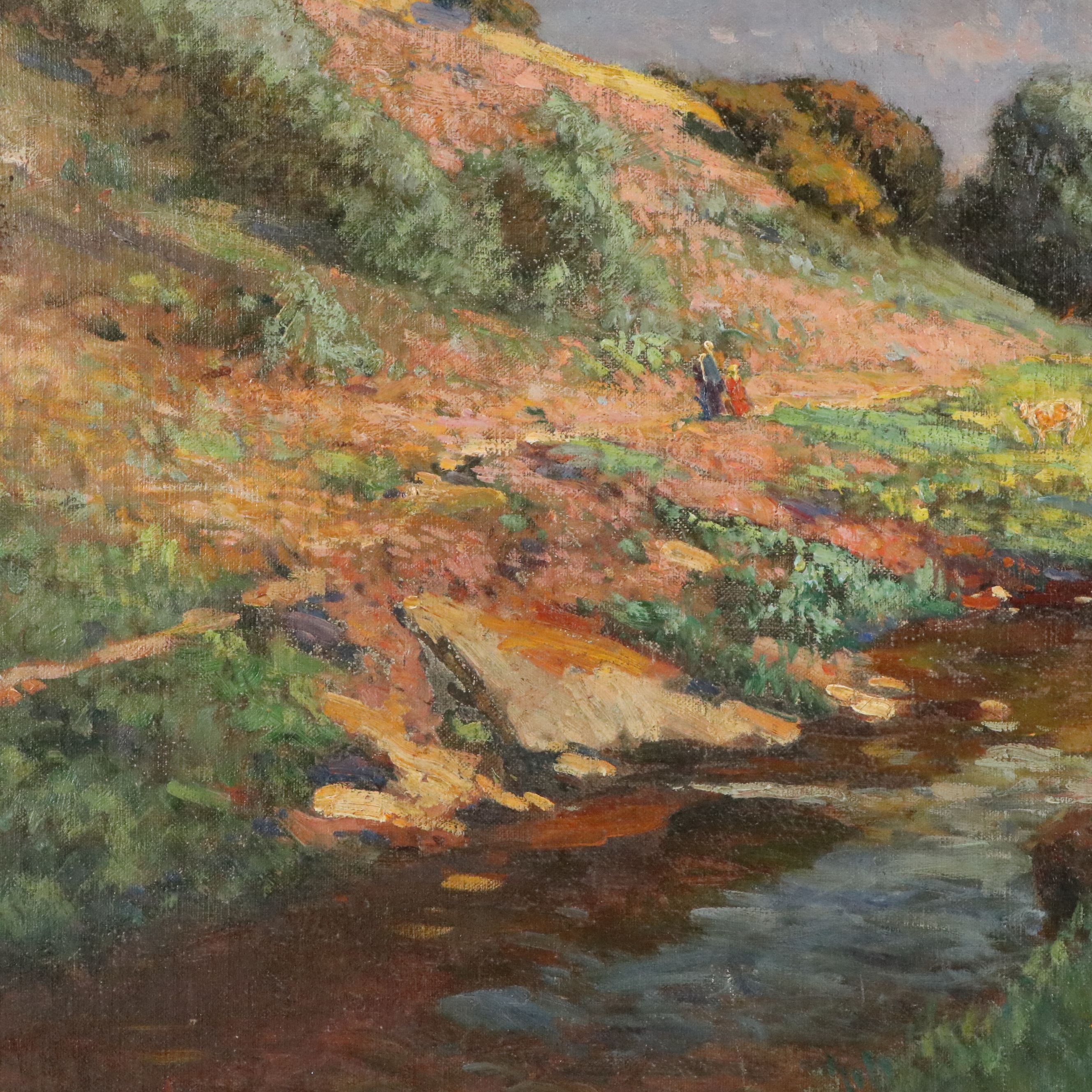 Impressionist Creek Landscape Oil Painting, Early 20th Century
