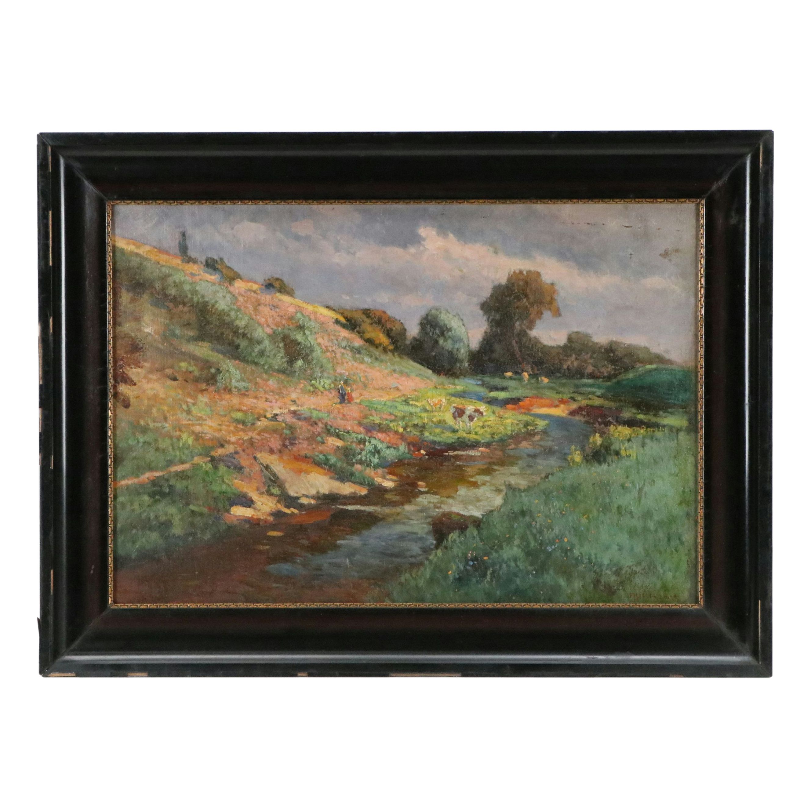 Impressionist Creek Landscape Oil Painting, Early 20th Century