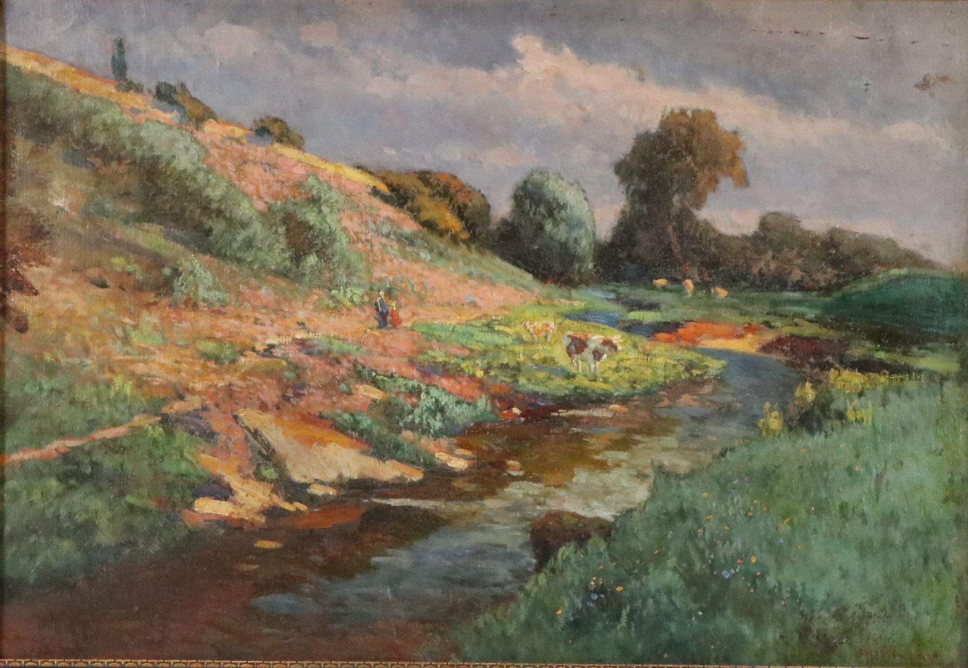Impressionist Creek Landscape Oil Painting, Early 20th Century