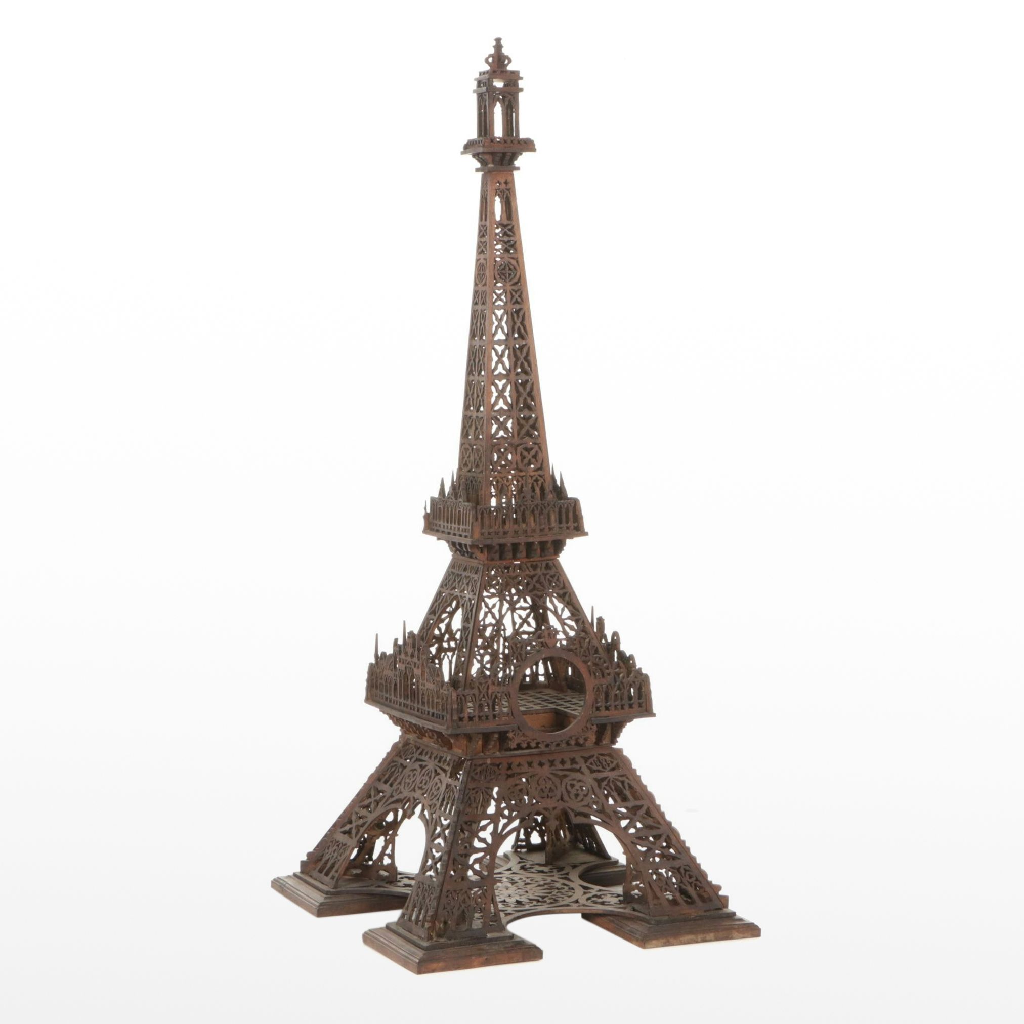 Fret-Cut Wood Eiffel Tower Model and Clock Housing