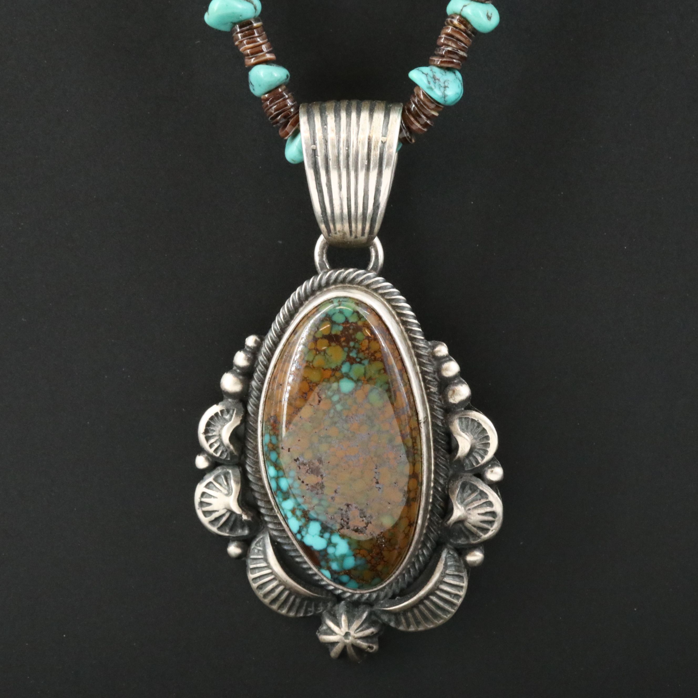 Navajo Randy Boyd Sterling Turquoise and Heishi Shell Necklace with Pendant