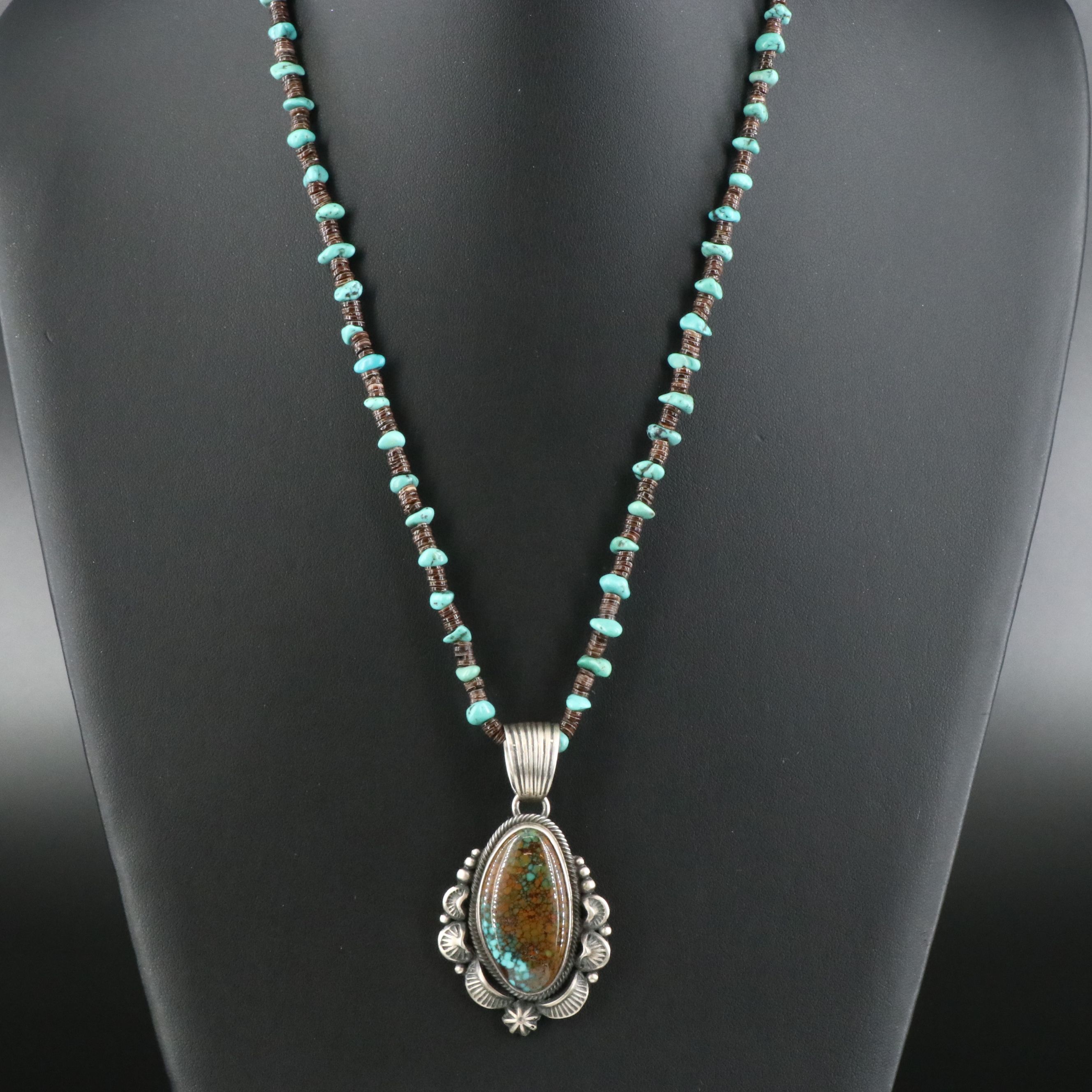 Navajo Randy Boyd Sterling Turquoise and Heishi Shell Necklace with Pendant