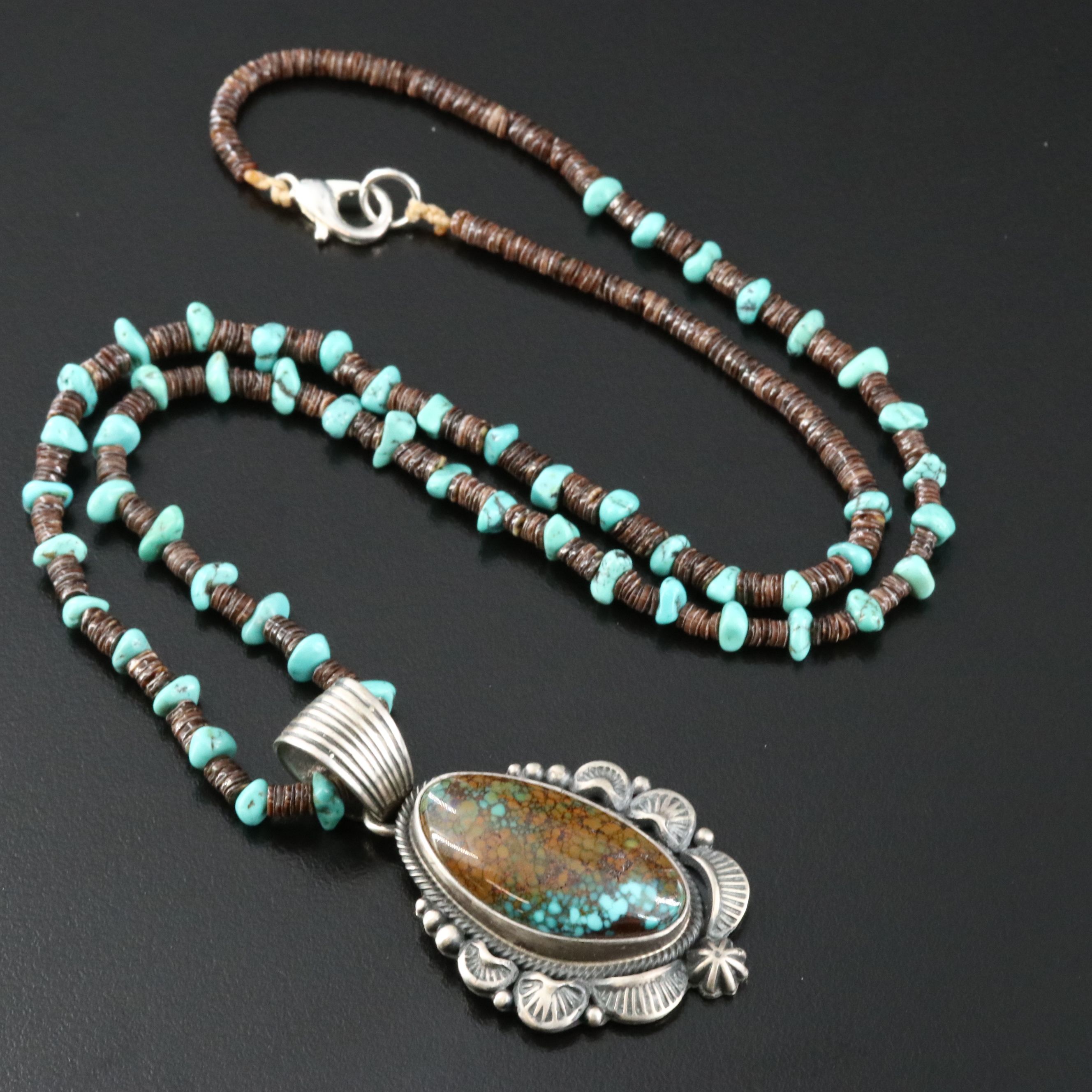 Navajo Randy Boyd Sterling Turquoise and Heishi Shell Necklace with Pendant