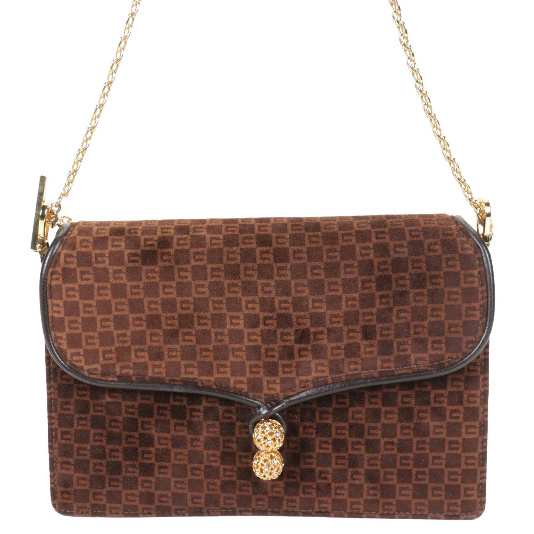 Gucci Logo Suede & Leather Crossbody Purse with Gold Chain, 1970s