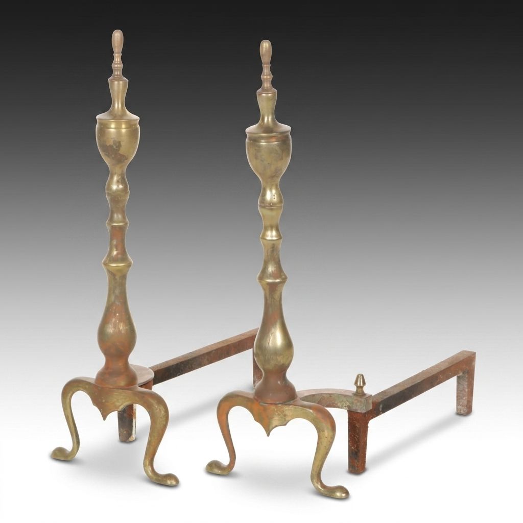 Turned Brass and Iron Baluster Fireplace Andirons