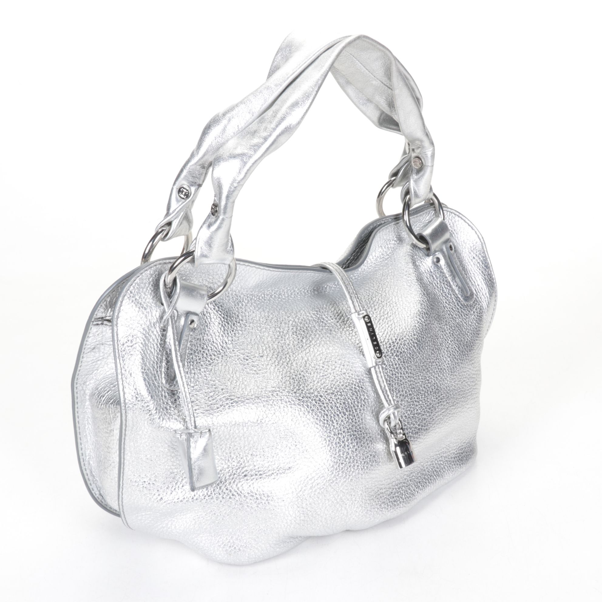 Celine Bittersweet Zippered Hobo Bag in Silver Metallic Pebbled Leather