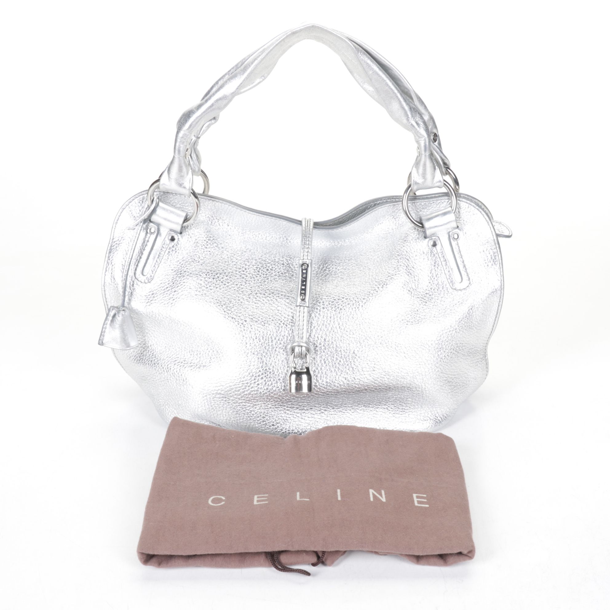 Celine Bittersweet Zippered Hobo Bag in Silver Metallic Pebbled Leather
