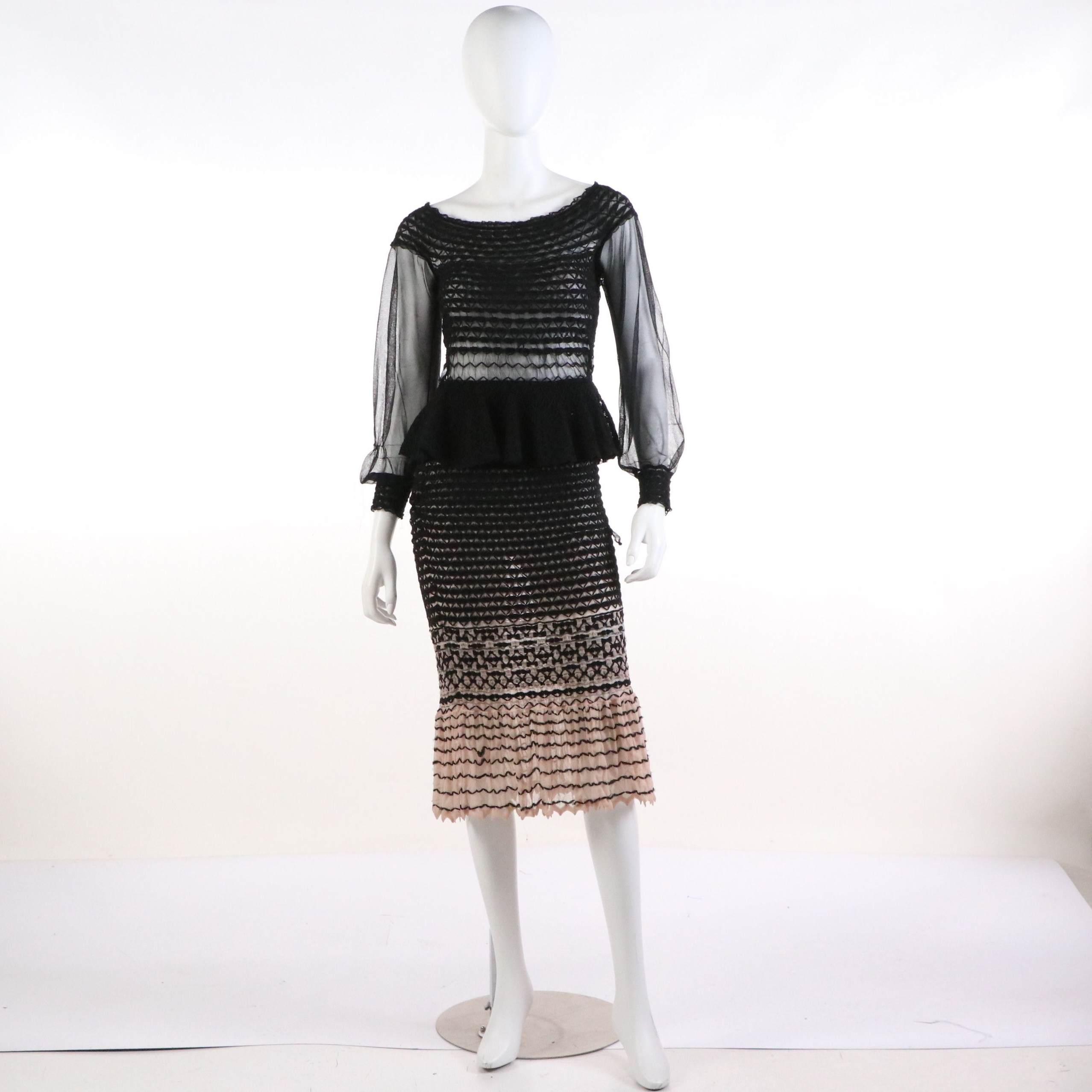 Alexander McQueen Off-Shoulder Peplum Dress in Black/Pink Macramé Stitch Tulle