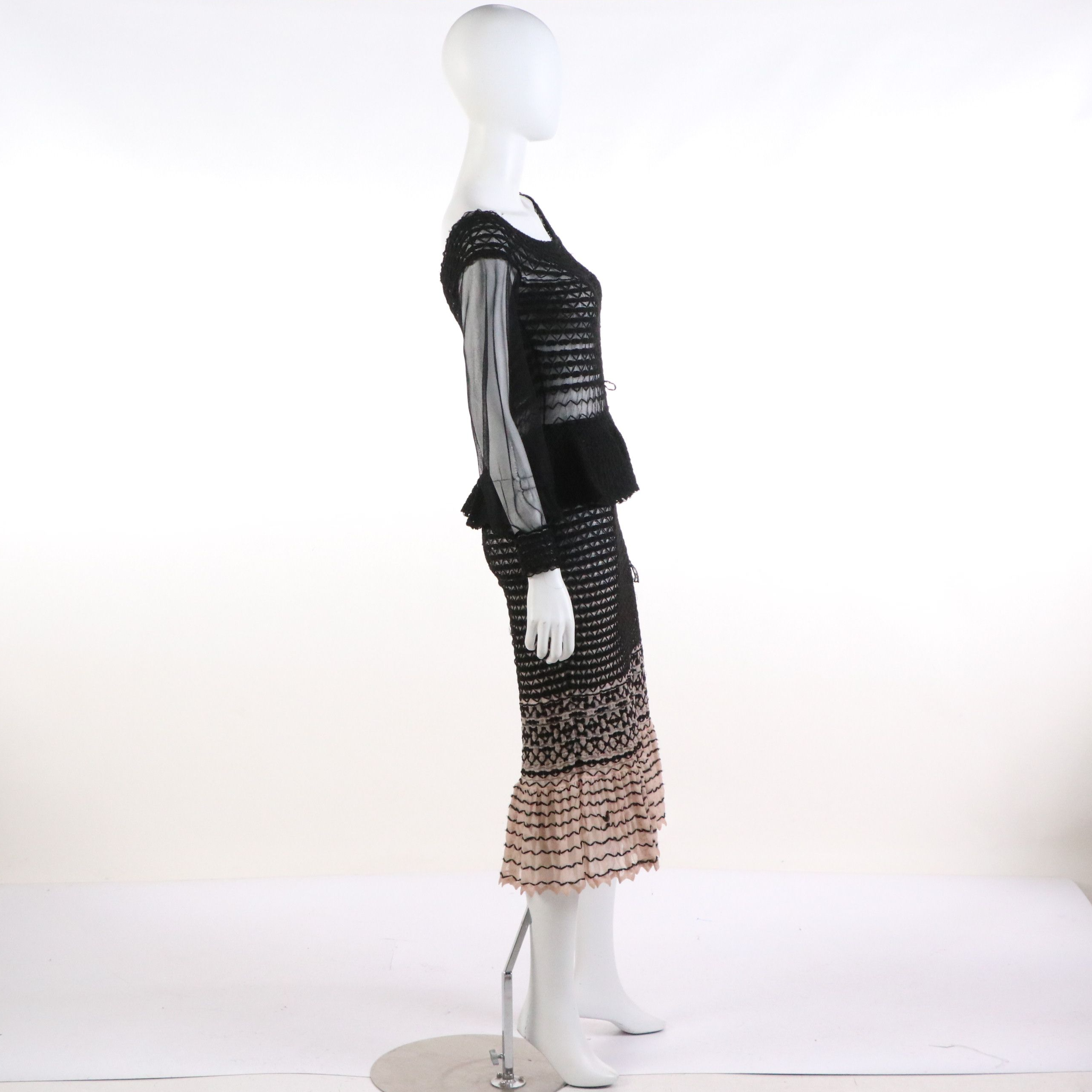 Alexander McQueen Off-Shoulder Peplum Dress in Black/Pink Macramé Stitch Tulle