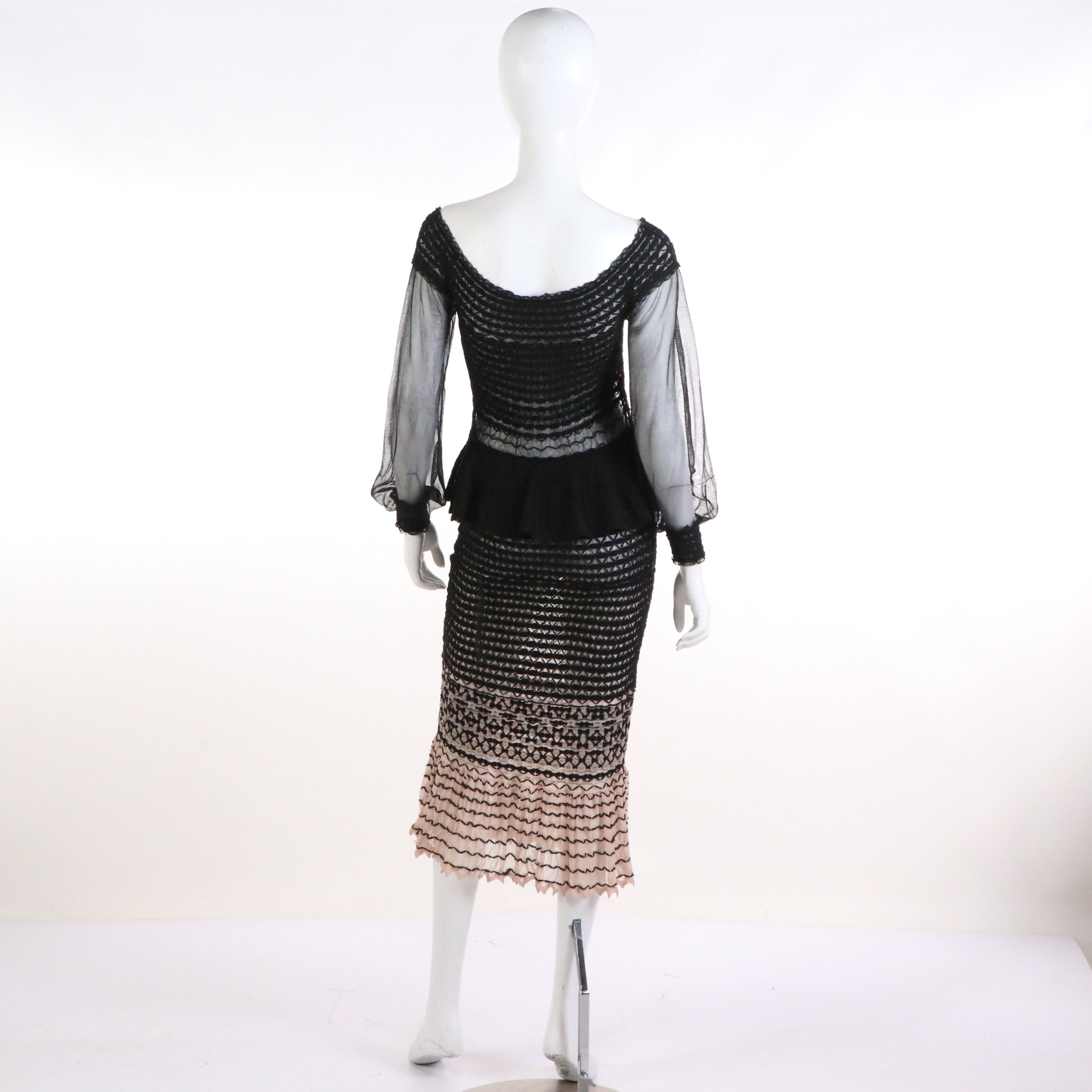 Alexander McQueen Off-Shoulder Peplum Dress in Black/Pink Macramé Stitch Tulle