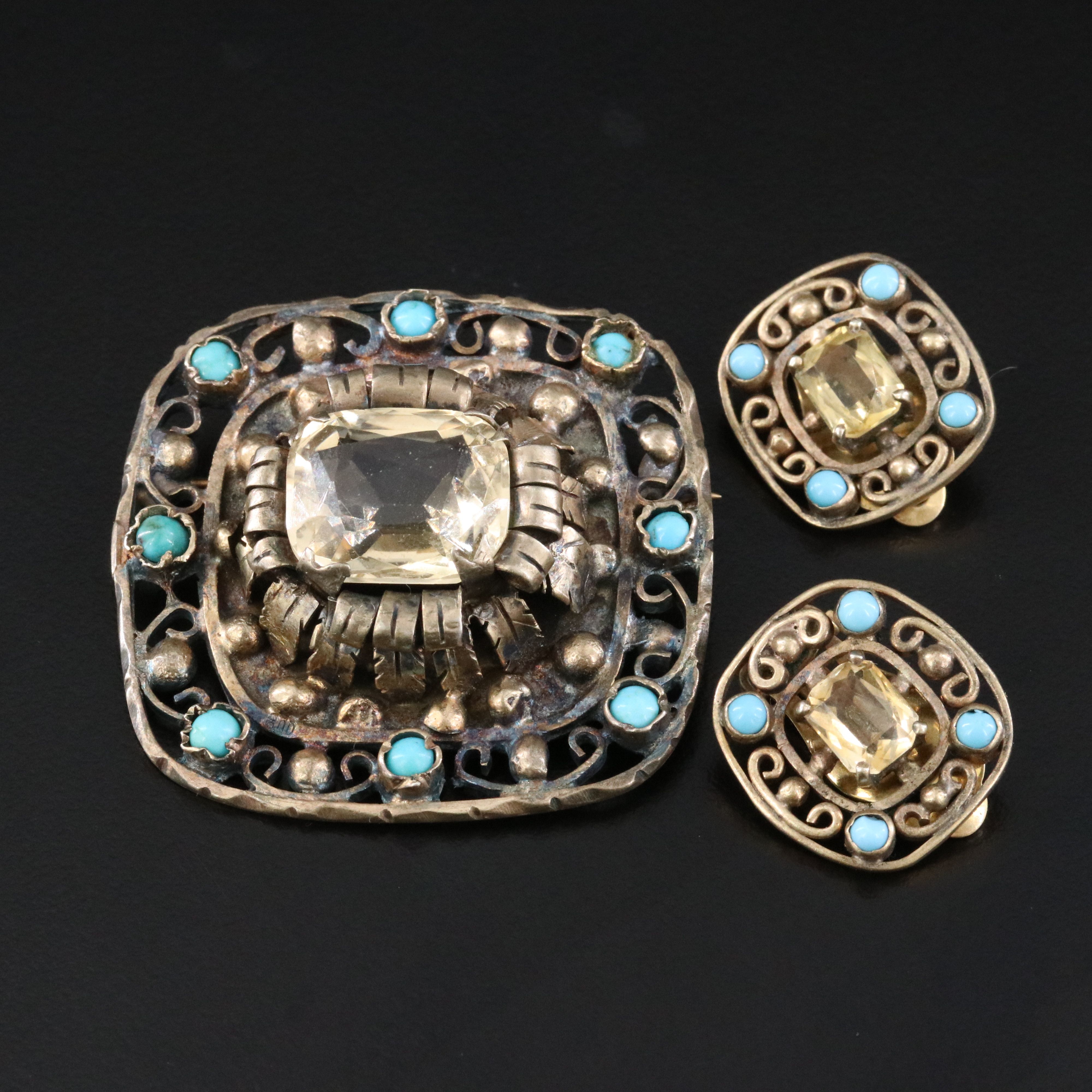 Vintage Sterling Citrine and Turquoise Brooch and Earring Set