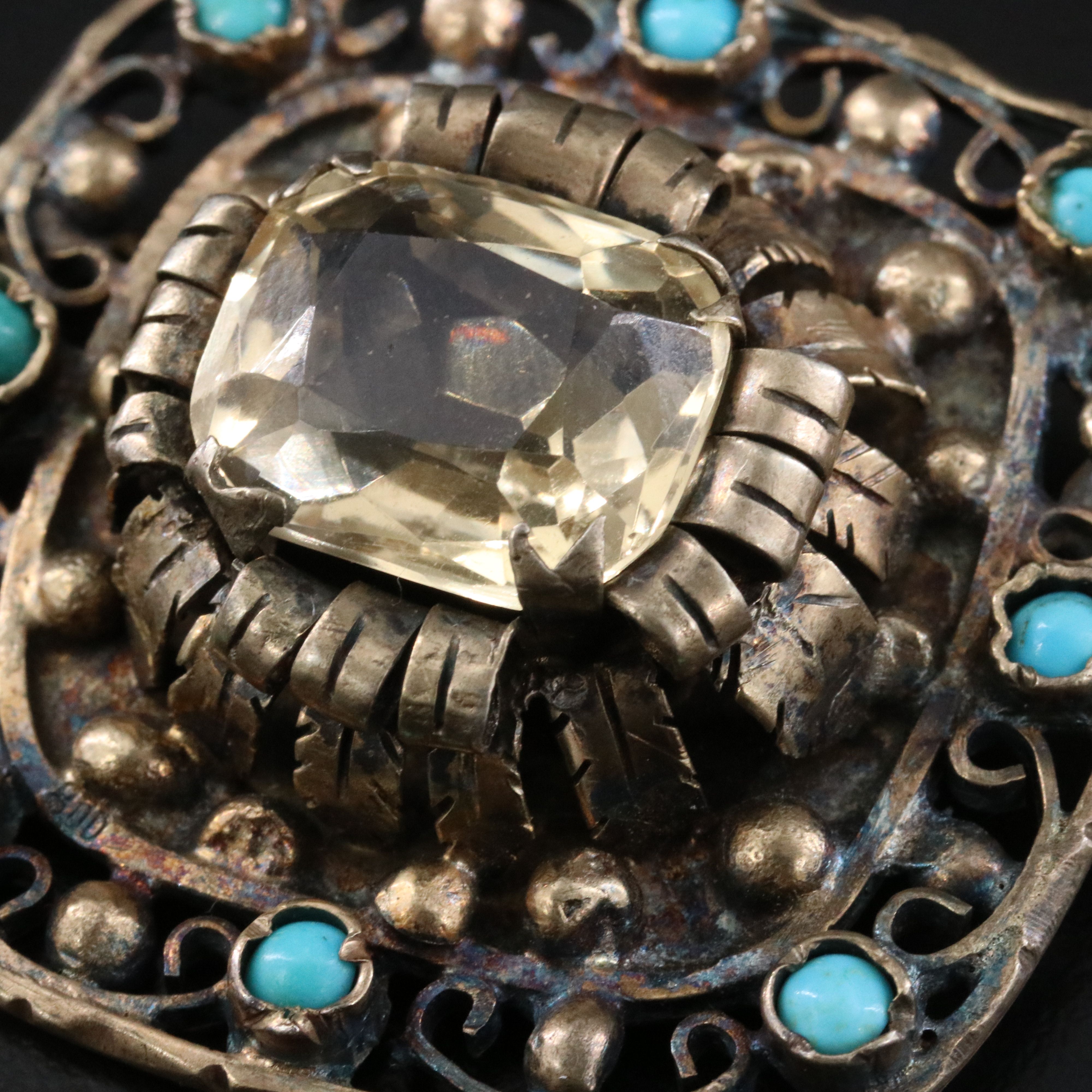 Vintage Sterling Citrine and Turquoise Brooch and Earring Set
