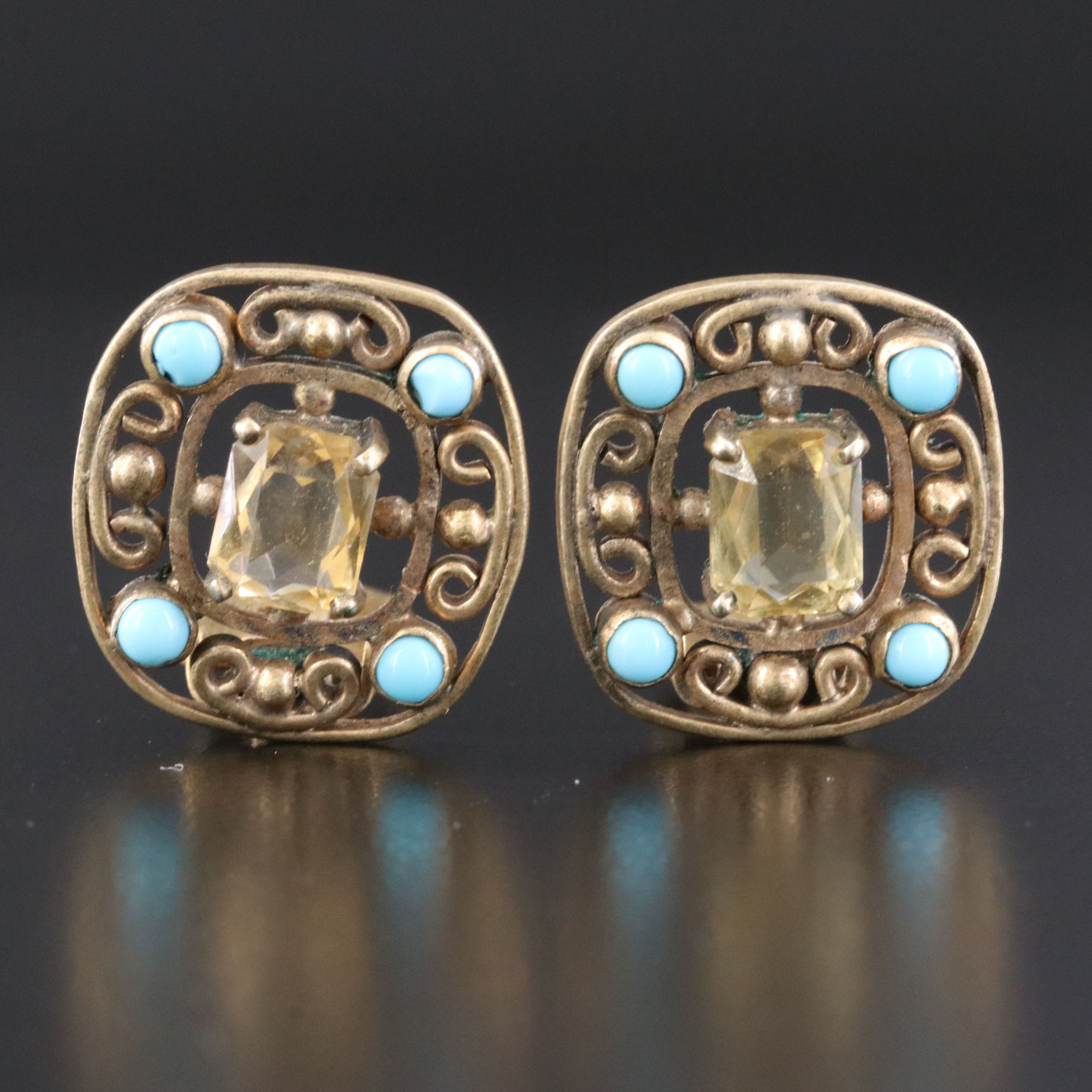 Vintage Sterling Citrine and Turquoise Brooch and Earring Set