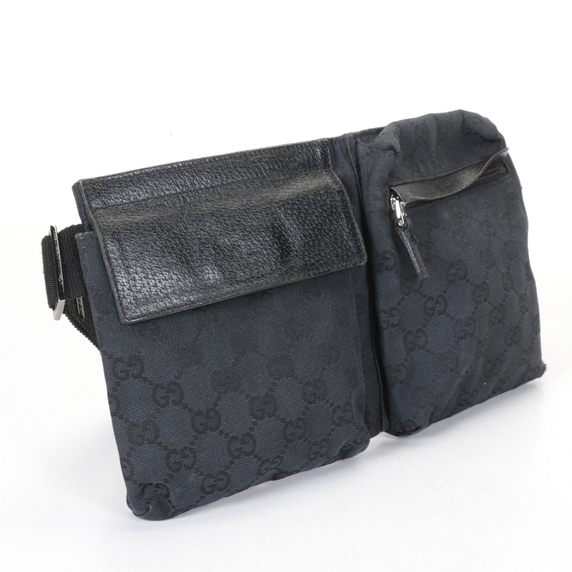 Gucci Double Pocket Belt Bag in Black GG Canvas and Leather