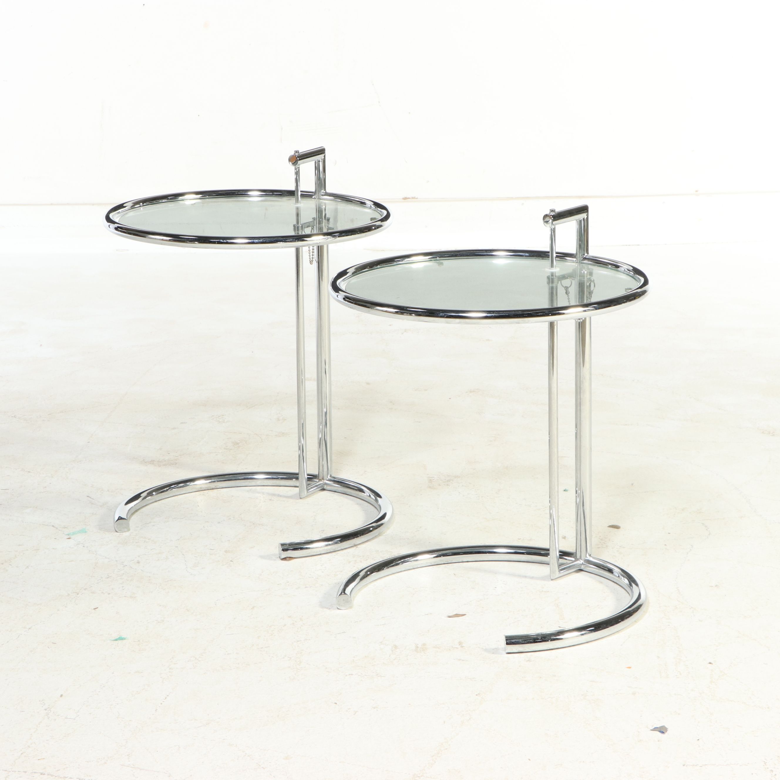 Pair of Eileen Gray Style Adjustable Chrome and Glass Side Tables