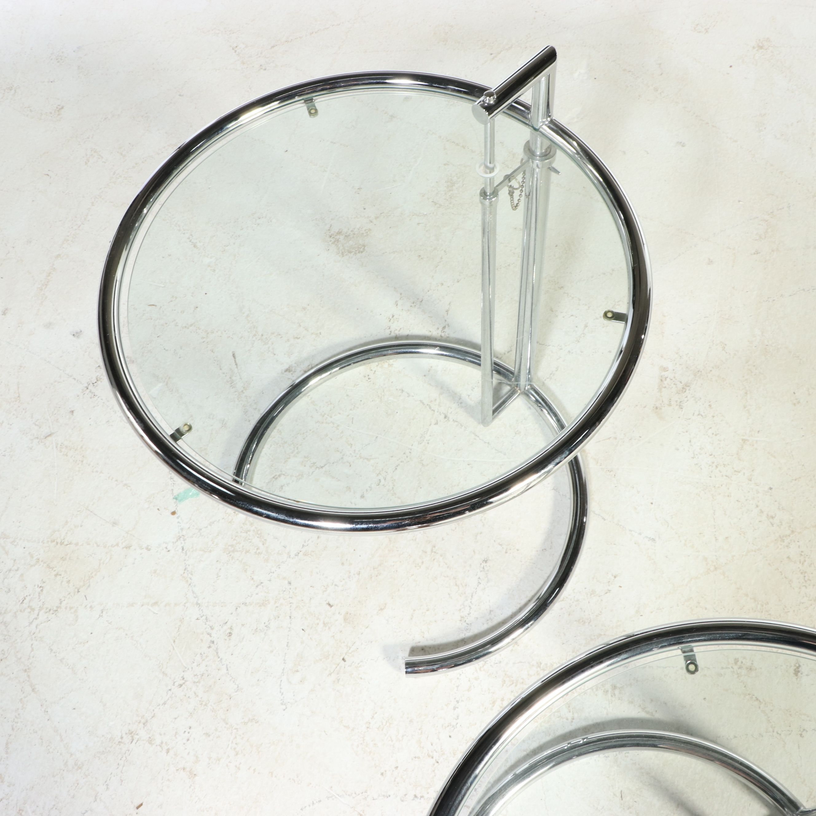Pair of Eileen Gray Style Adjustable Chrome and Glass Side Tables