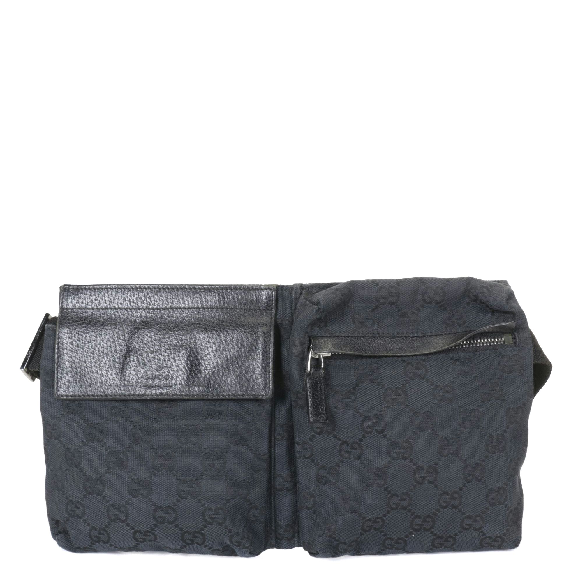 Gucci Double Pocket Belt Bag in Black GG Canvas and Leather