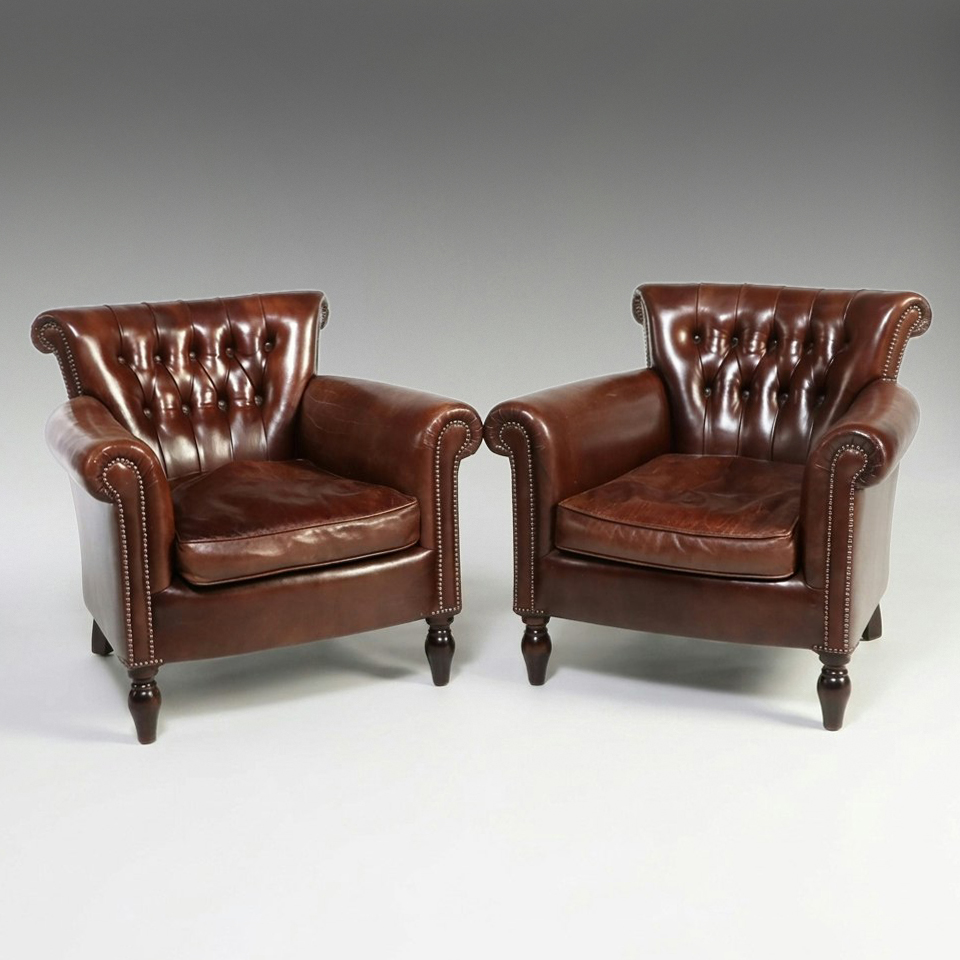 Pair of George Smith Edwardian Style Tufted Leather Library Chairs