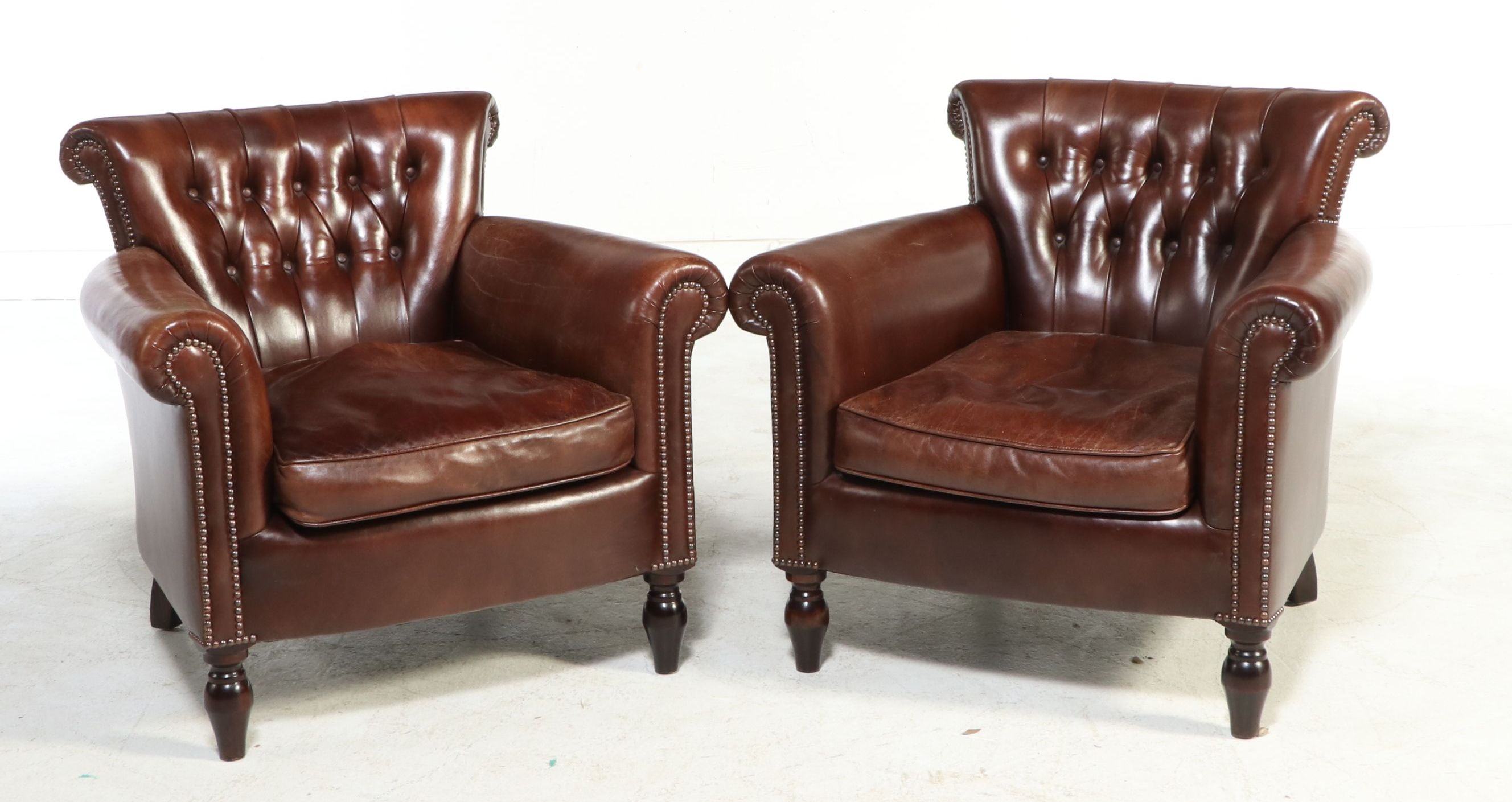 Pair of George Smith Edwardian Style Tufted Leather Library Chairs
