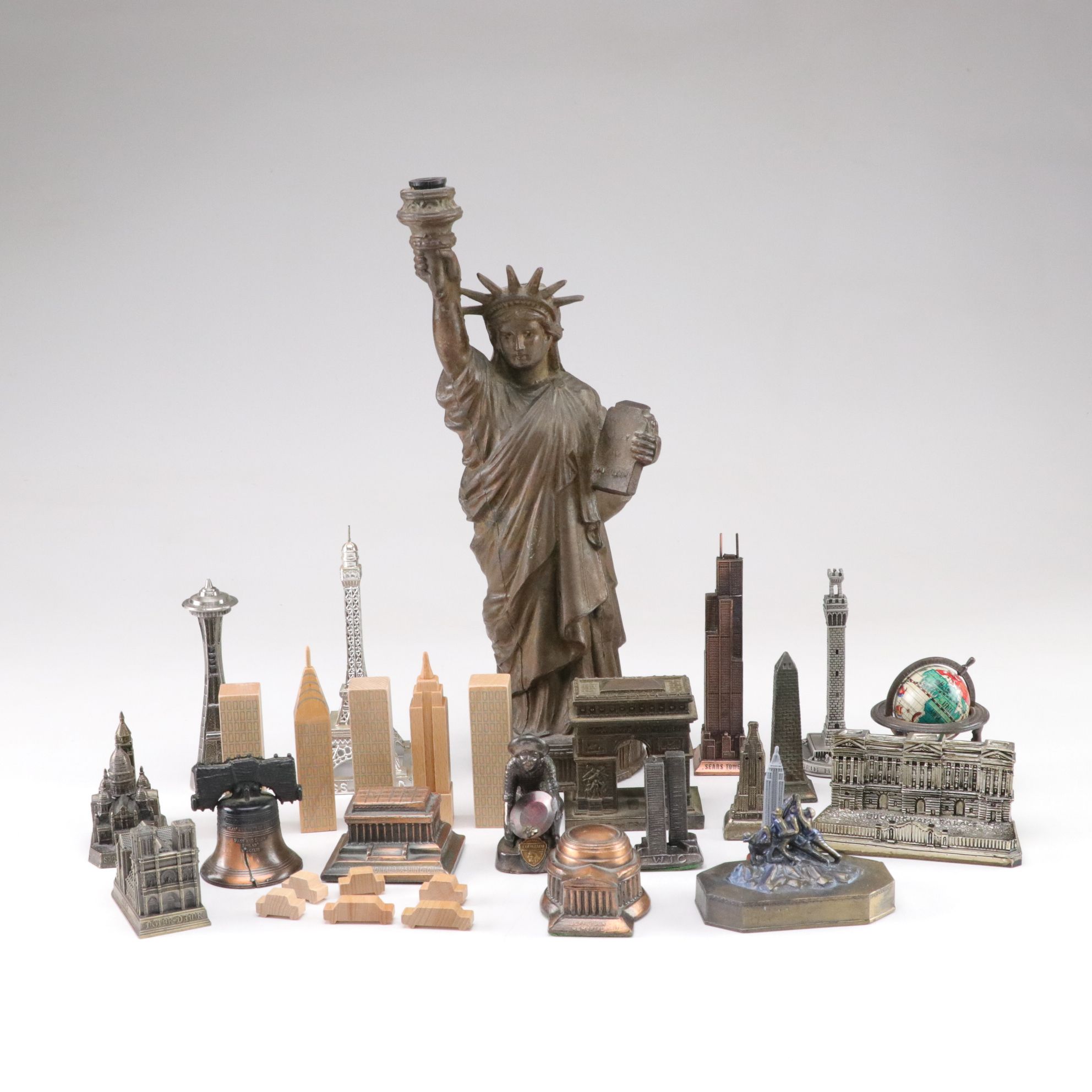 Statue of Liberty Lamp Base with Assorted Iconic City Landmark Travel Souvenirs