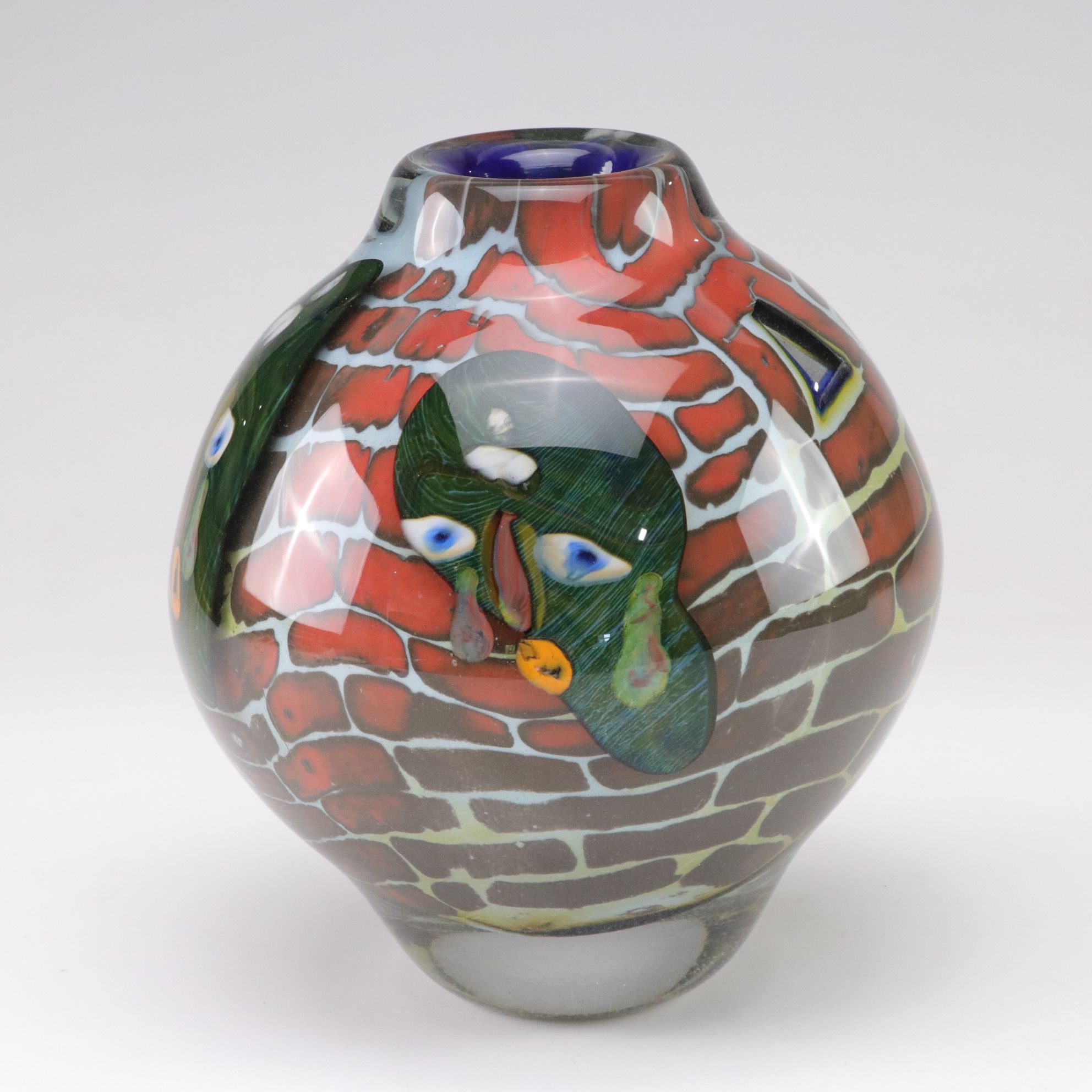 Steve Tobin Abstract Face & Brick Wall Motif Studio Art Glass Vase, 1981