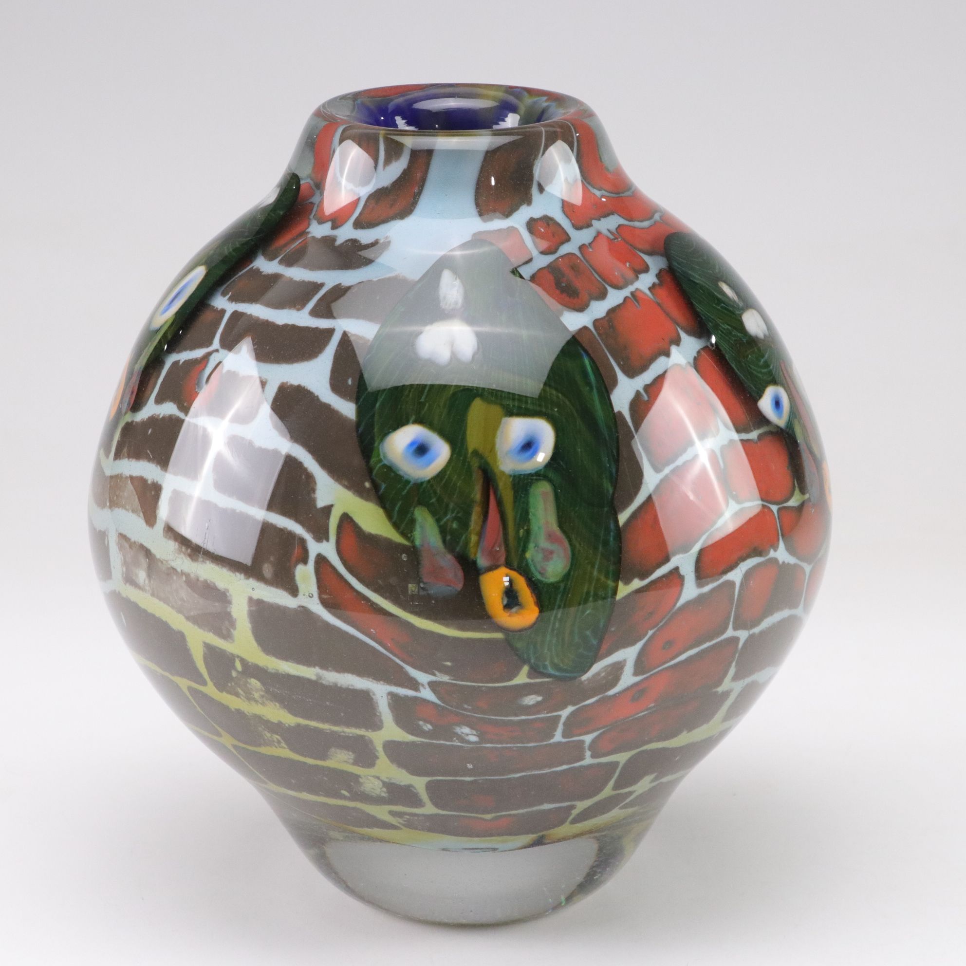 Steve Tobin Abstract Face & Brick Wall Motif Studio Art Glass Vase, 1981