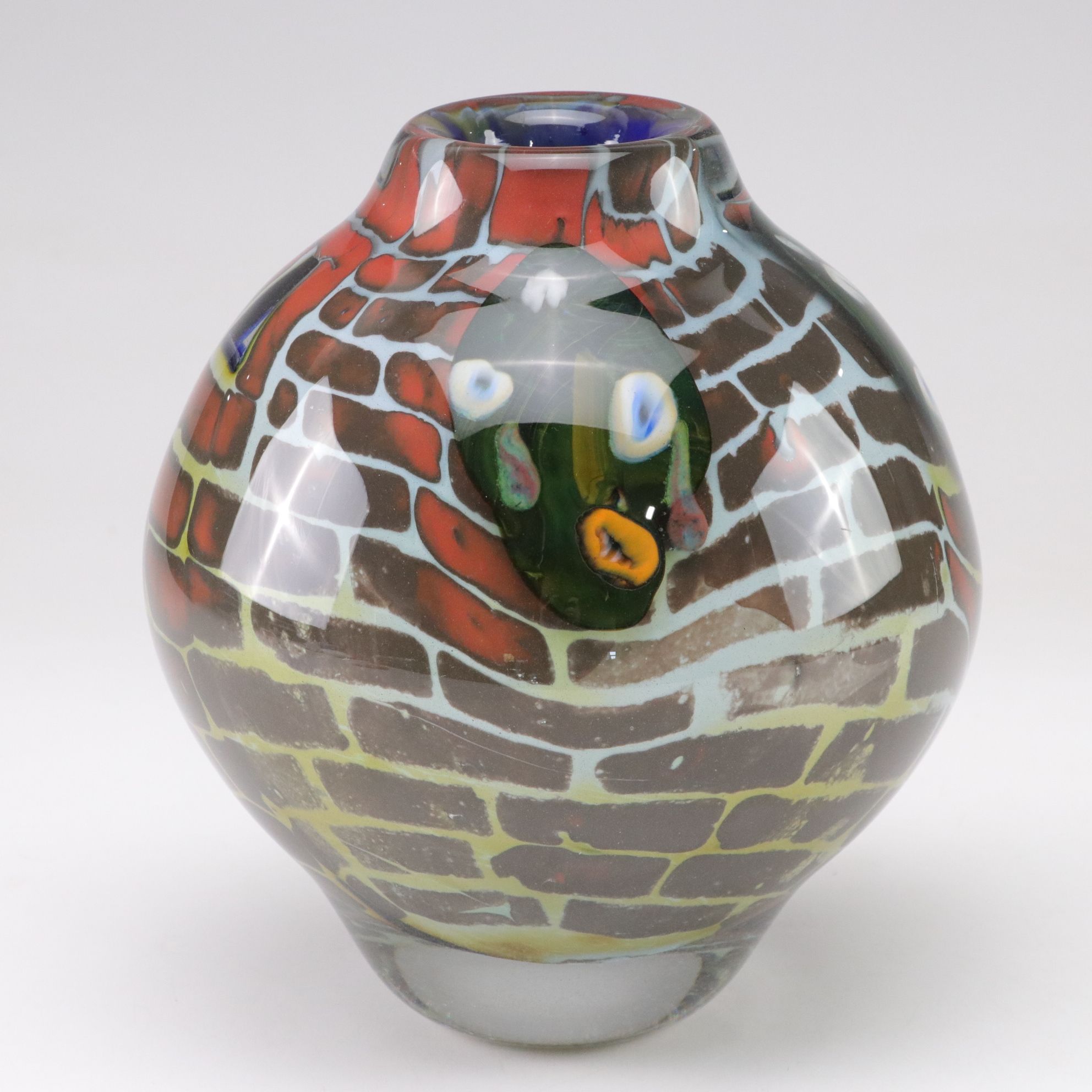Steve Tobin Abstract Face & Brick Wall Motif Studio Art Glass Vase, 1981
