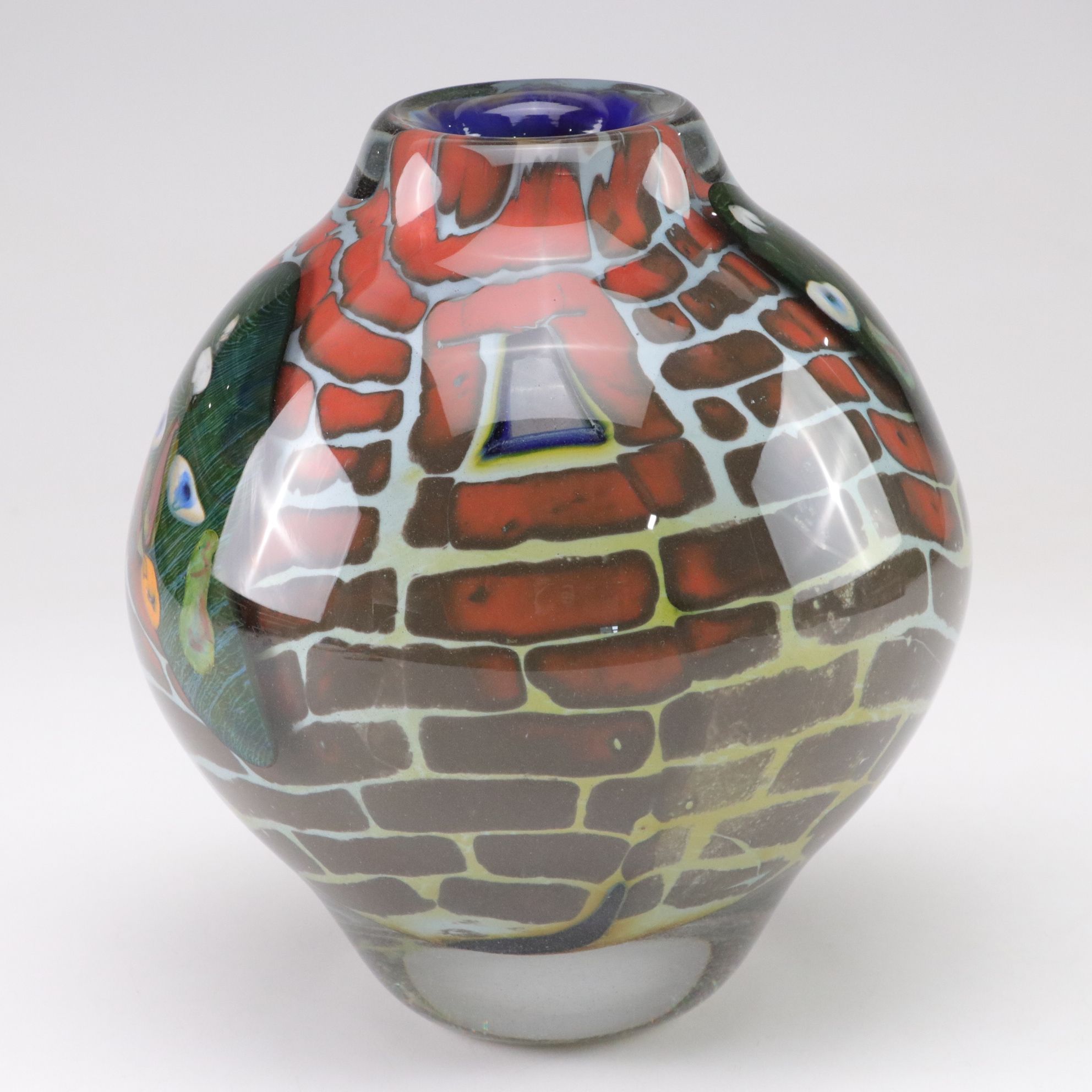 Steve Tobin Abstract Face & Brick Wall Motif Studio Art Glass Vase, 1981