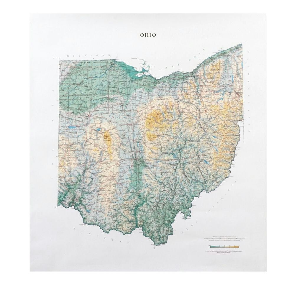 Allen Cartography Offset Lithograph Elevation Map of the State of Ohio, 1991
