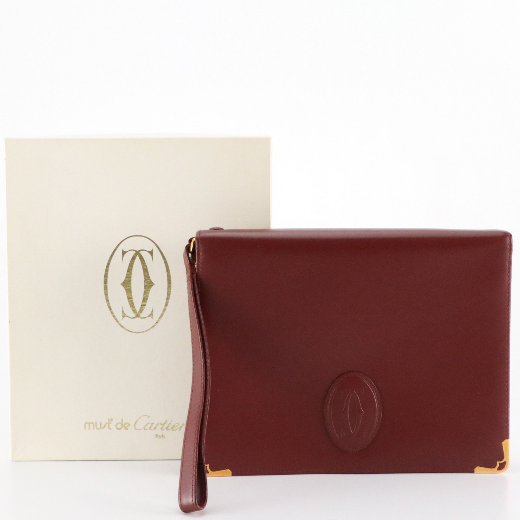 Cartier Must de Cartier Wristlet Clutch in Burgundy Calfskin Leather with Box