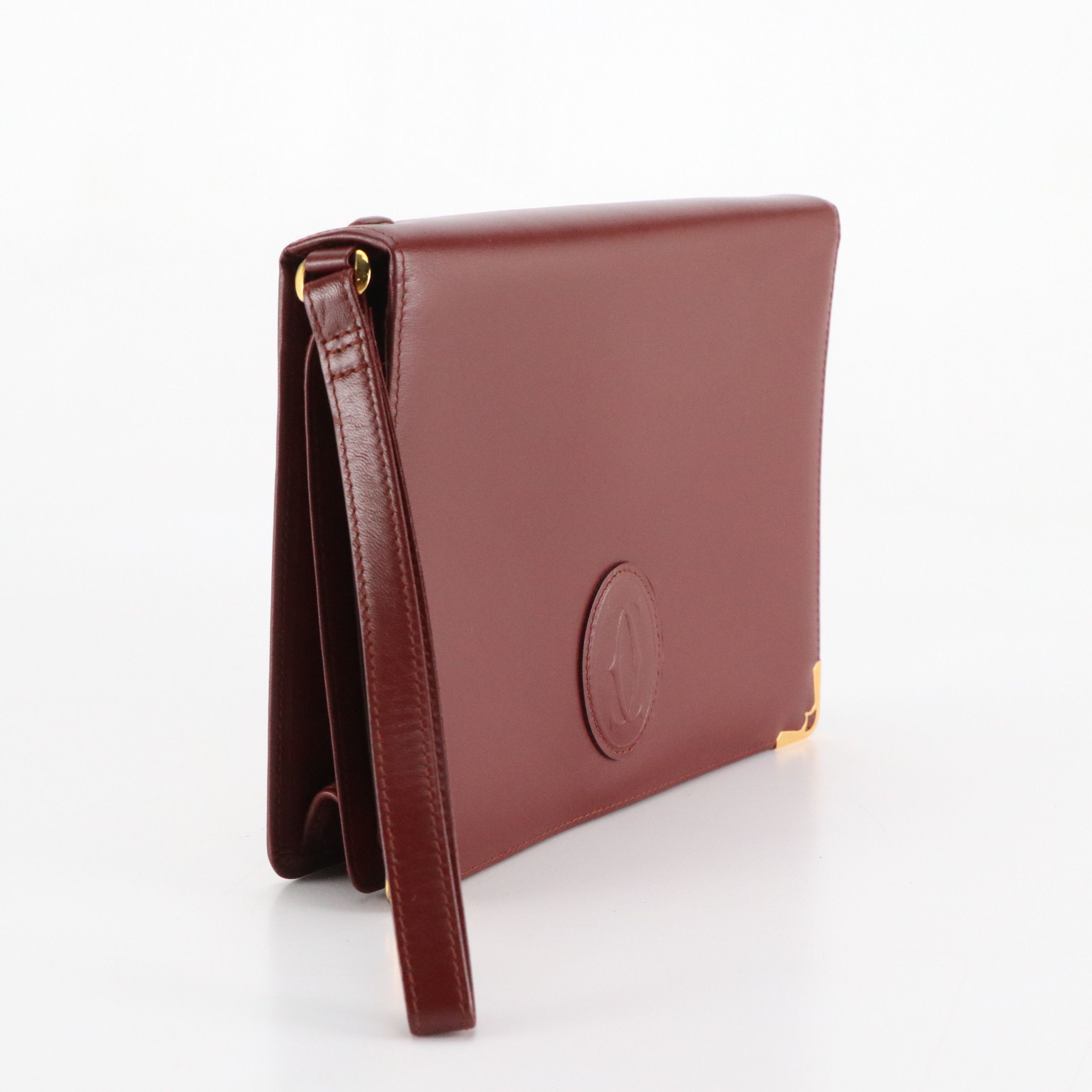 Cartier Must de Cartier Wristlet Clutch in Burgundy Calfskin Leather with Box
