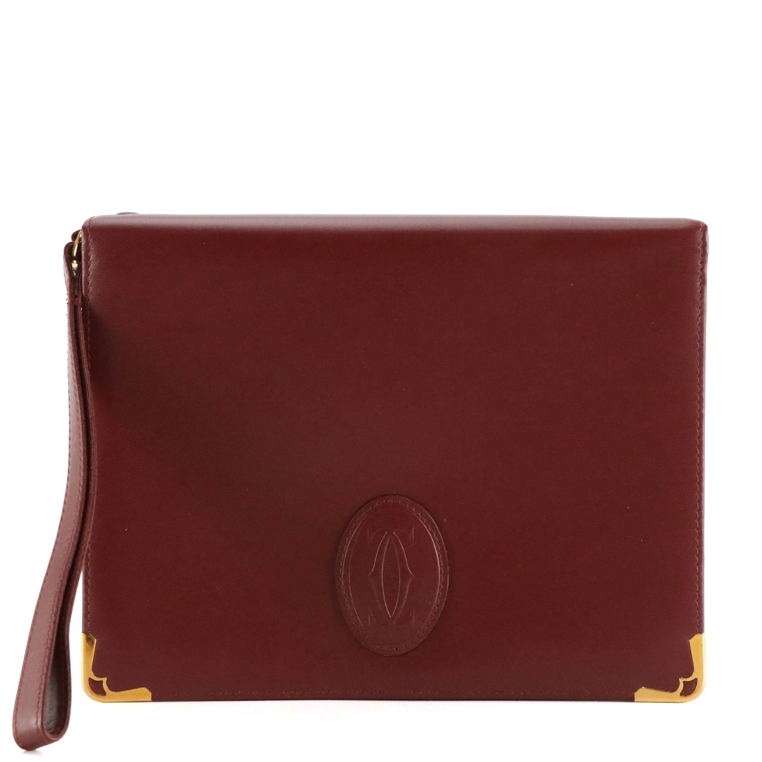 Cartier Must de Cartier Wristlet Clutch in Burgundy Calfskin Leather with Box