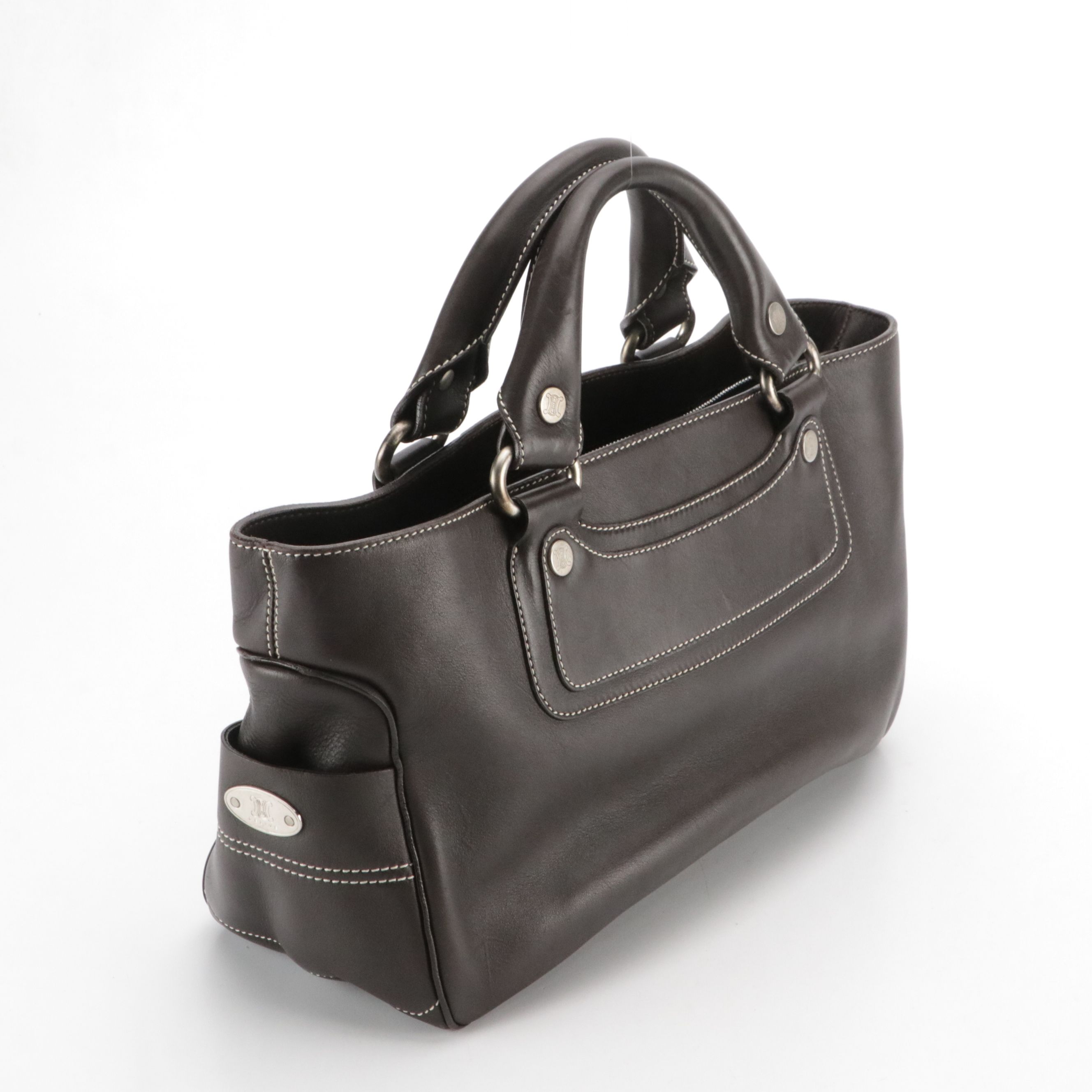 Celine Dark Brown Leather Top Handle Boogie Bag with Contrast Stitching