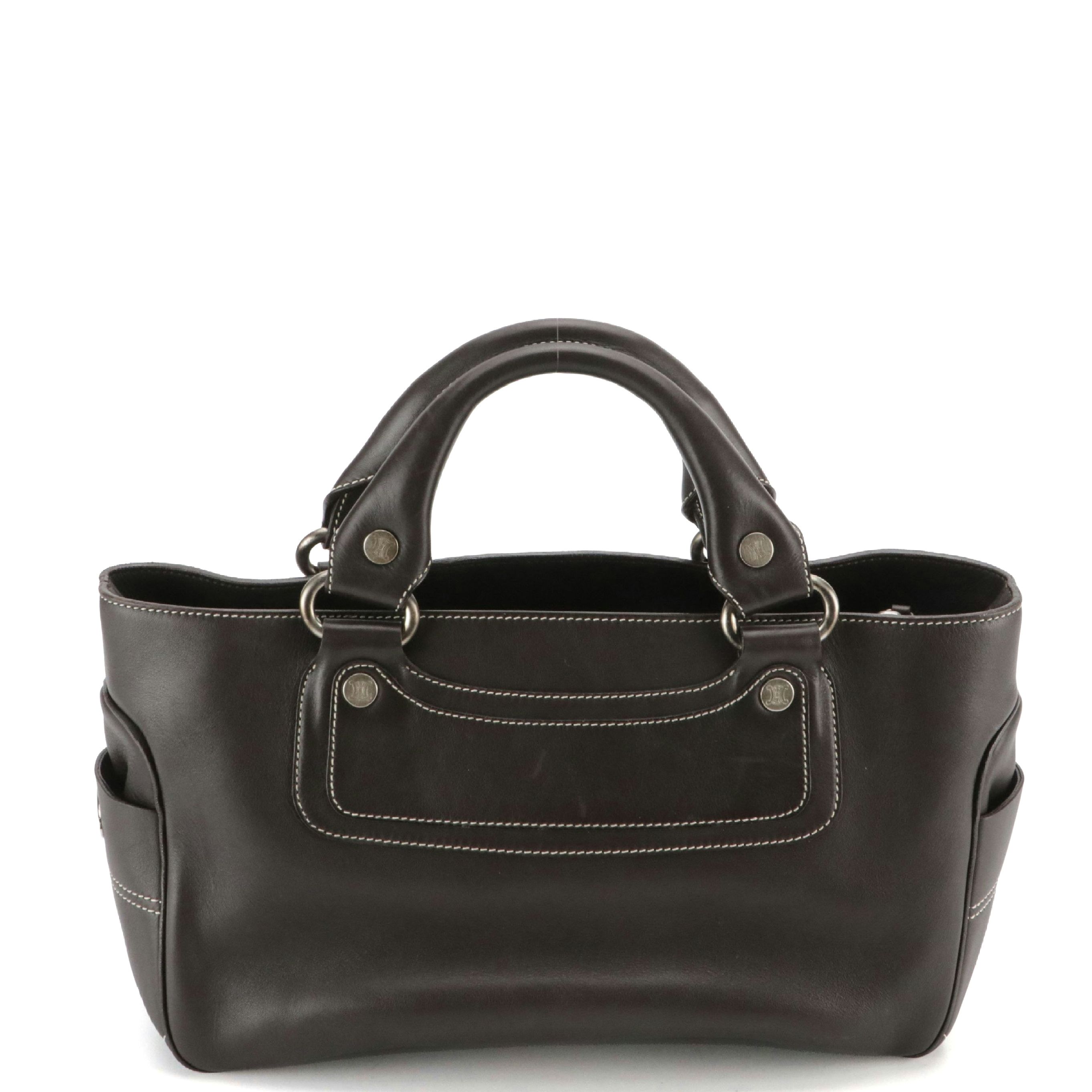 Celine Dark Brown Leather Top Handle Boogie Bag with Contrast Stitching