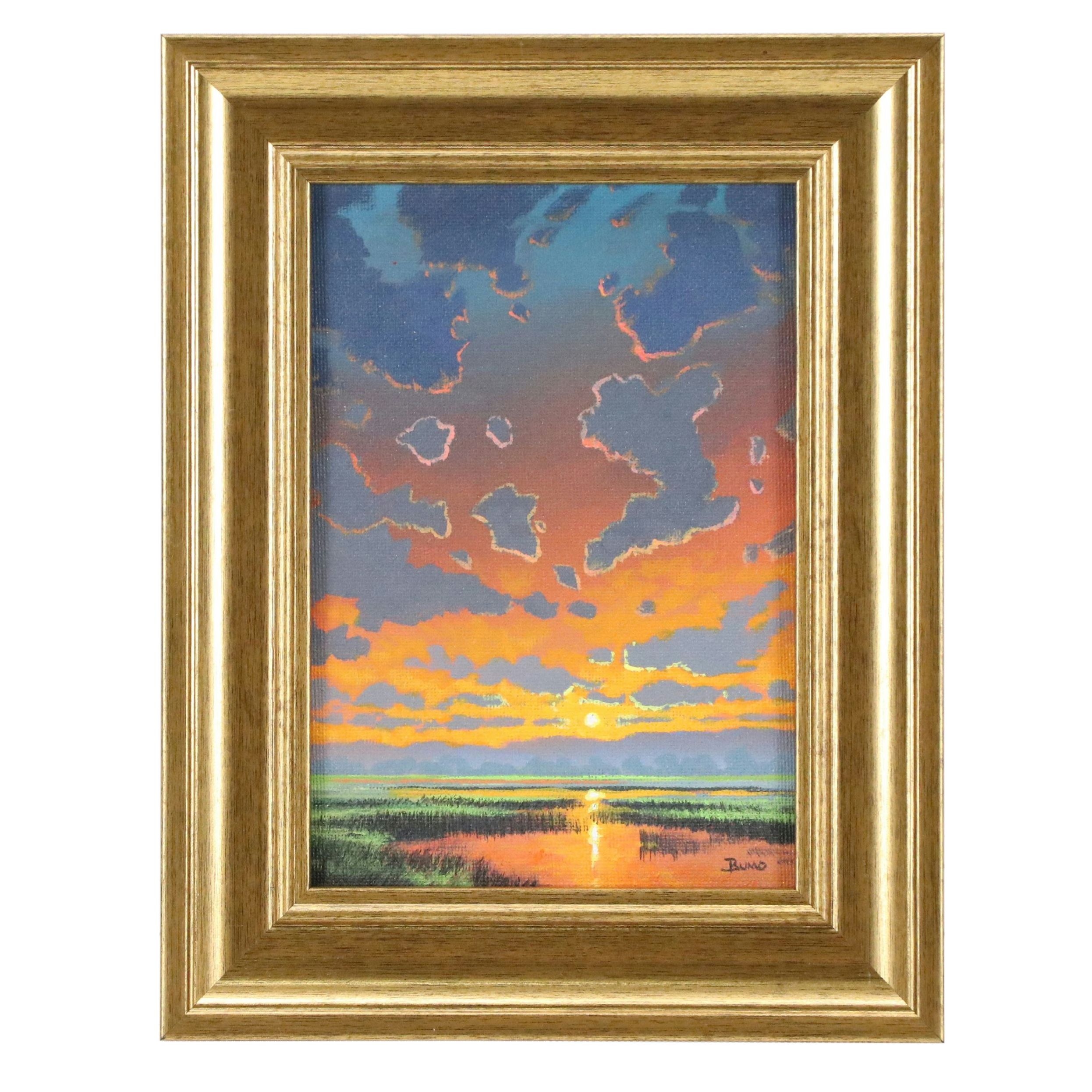 Douglas "Bumo" Johnpeer Acrylic Painting of Dusk Marsh Landscape, 21st Century