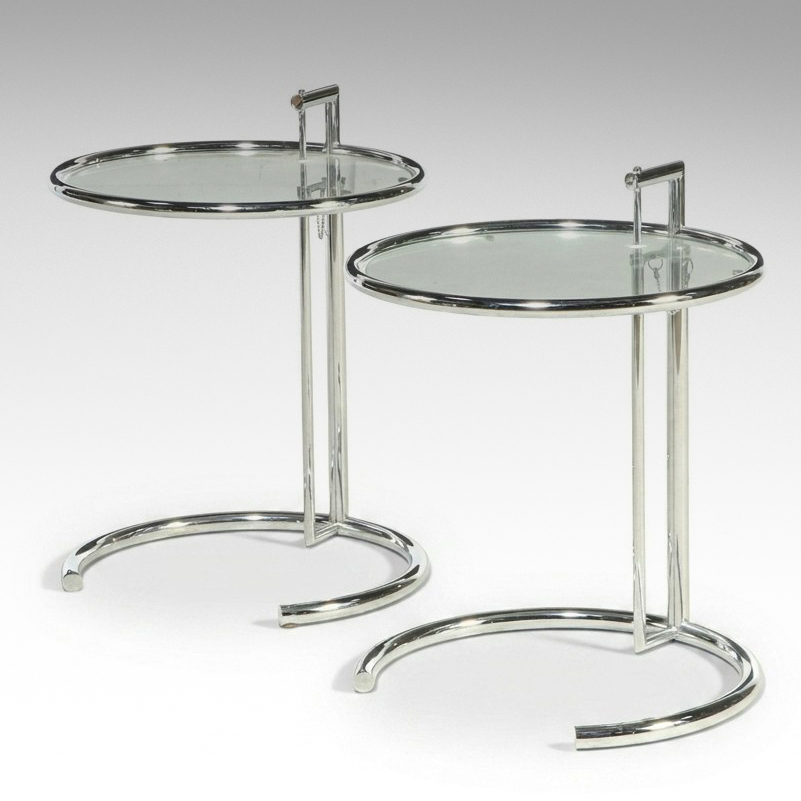 Pair of Eileen Gray Style Adjustable Chrome and Glass Side Tables