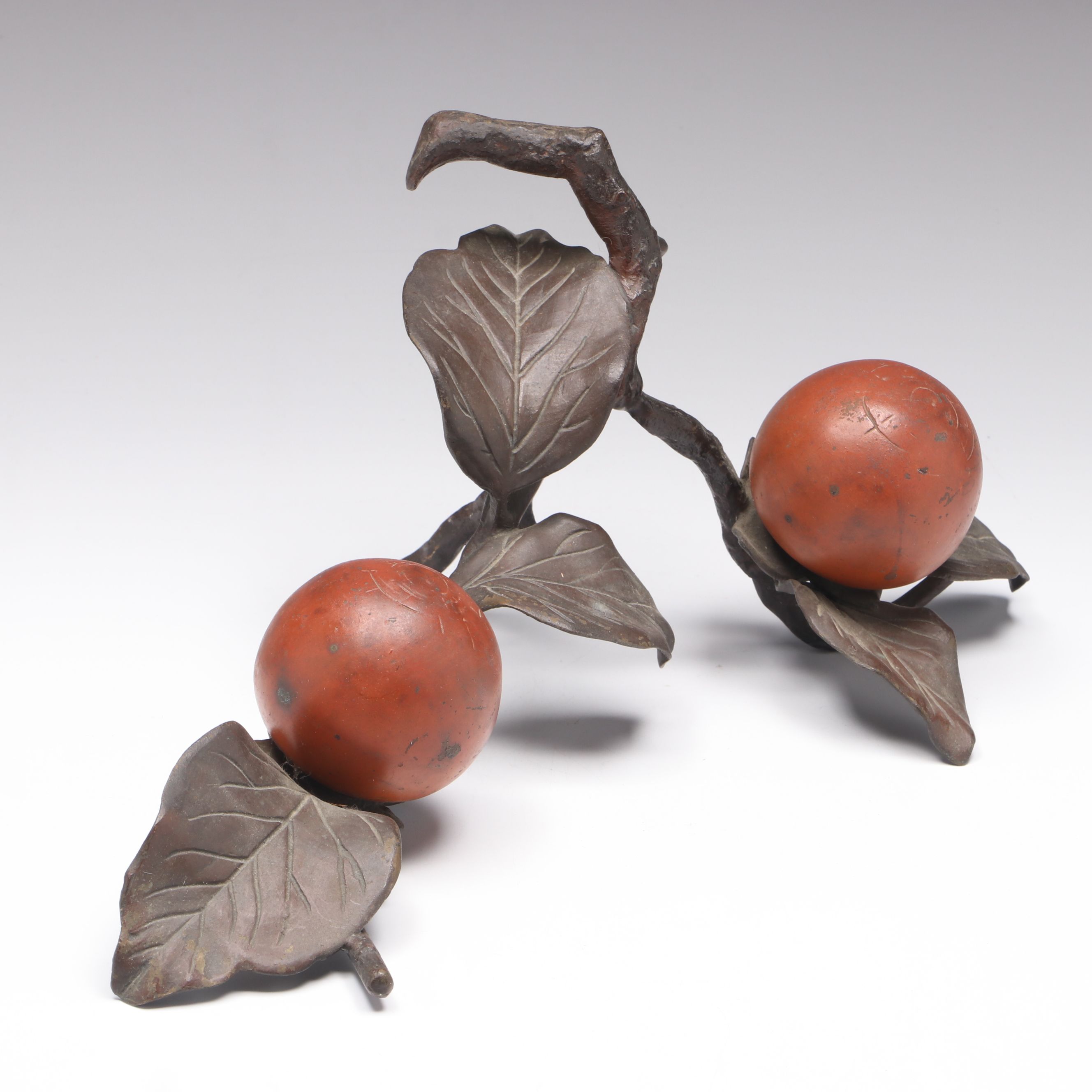 Persimmon Fruit Branch with Leaves Japanese Bronze Okimono Sculpture