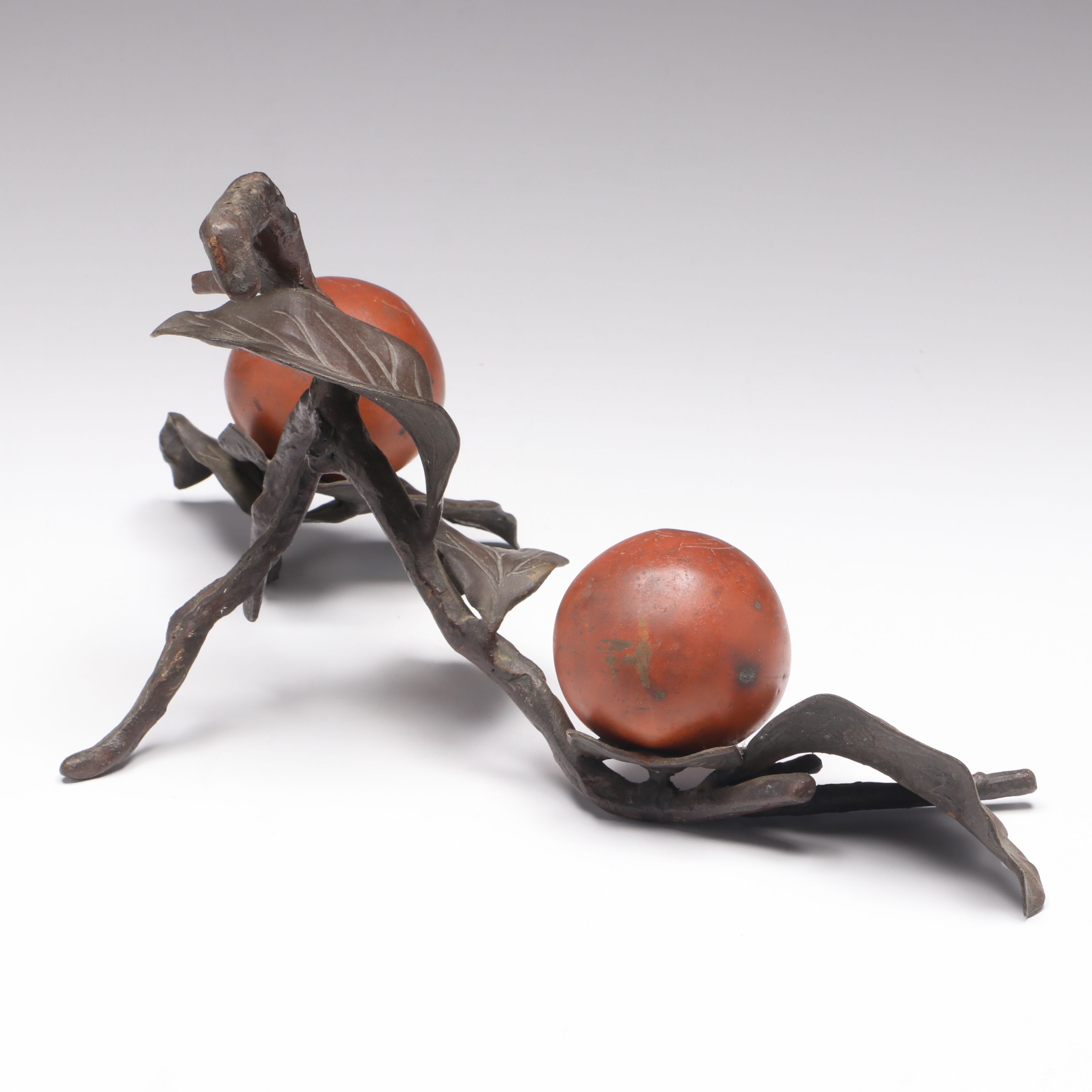 Persimmon Fruit Branch with Leaves Japanese Bronze Okimono Sculpture