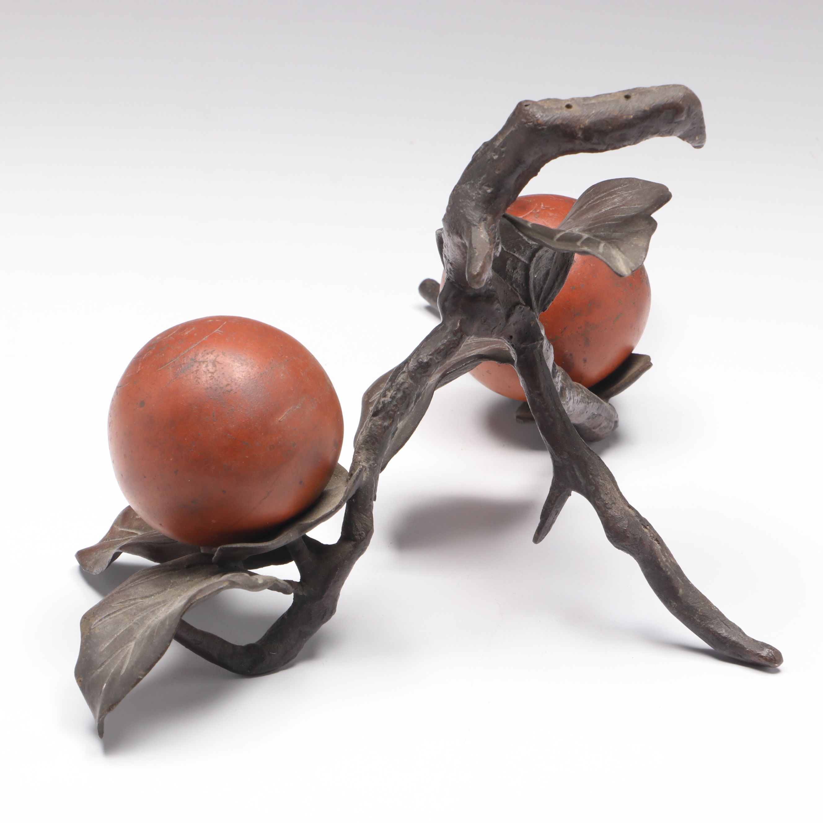 Persimmon Fruit Branch with Leaves Japanese Bronze Okimono Sculpture