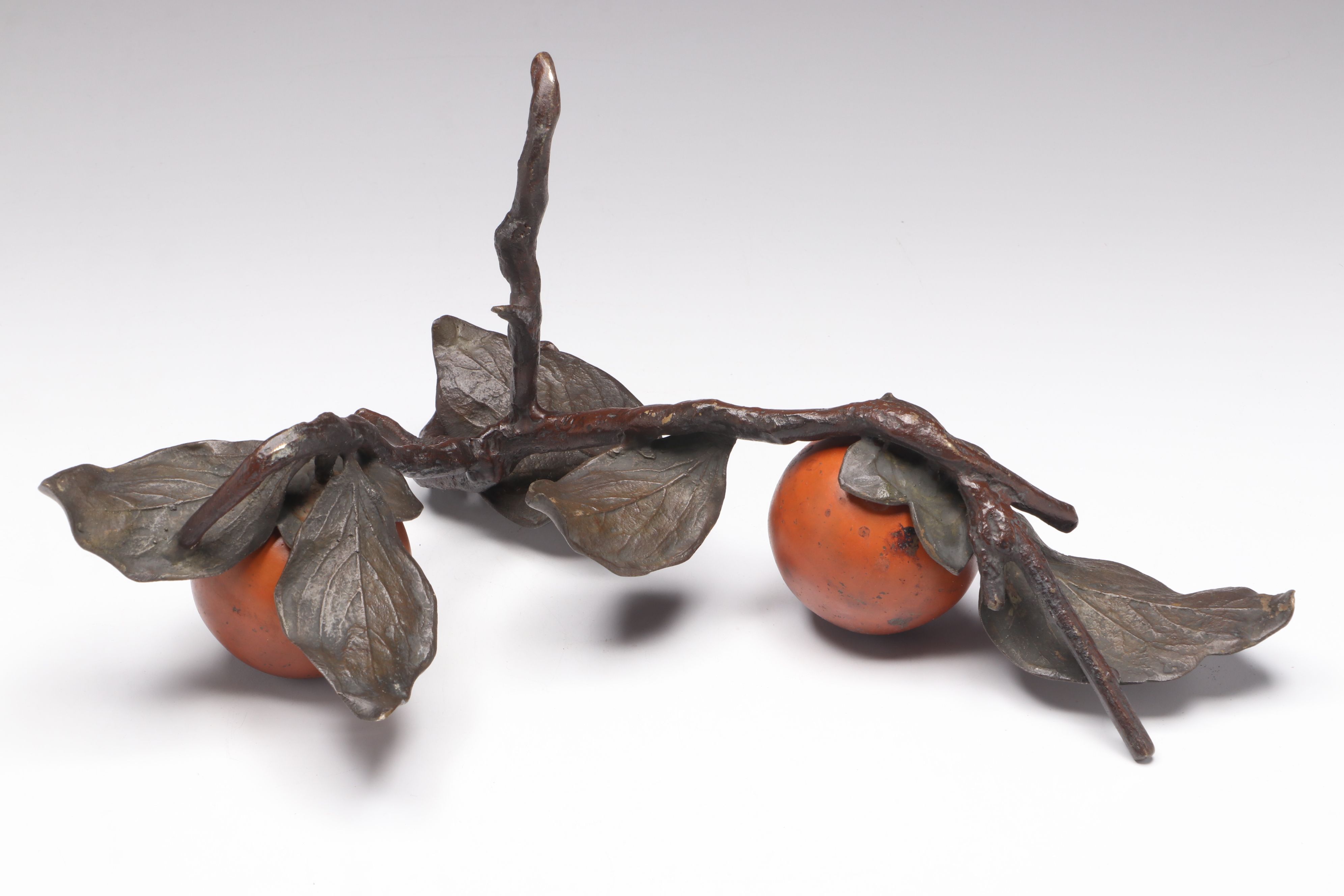 Persimmon Fruit Branch with Leaves Japanese Bronze Okimono Sculpture