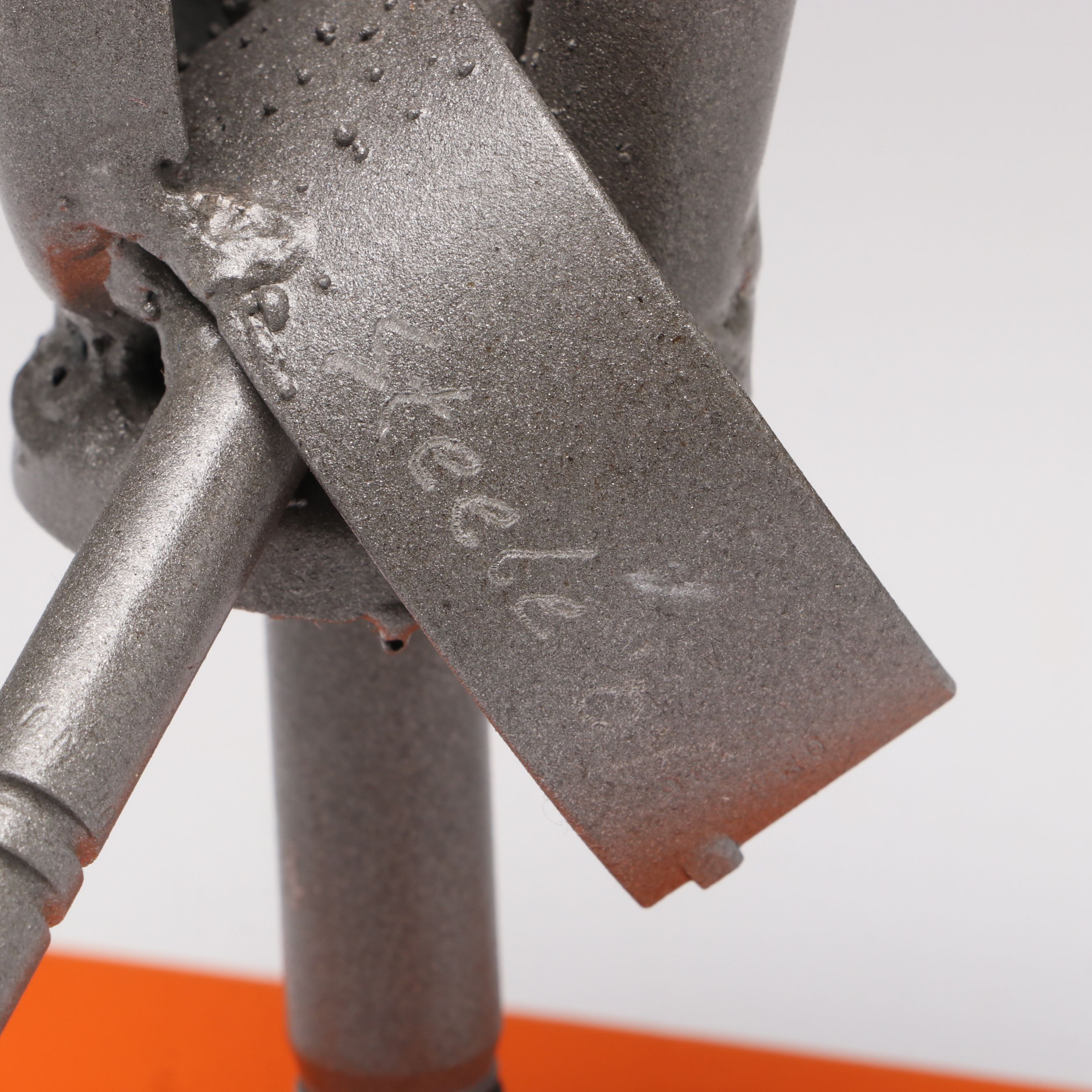 Artist Inscribed Recycled Metal Sculpture on Stand