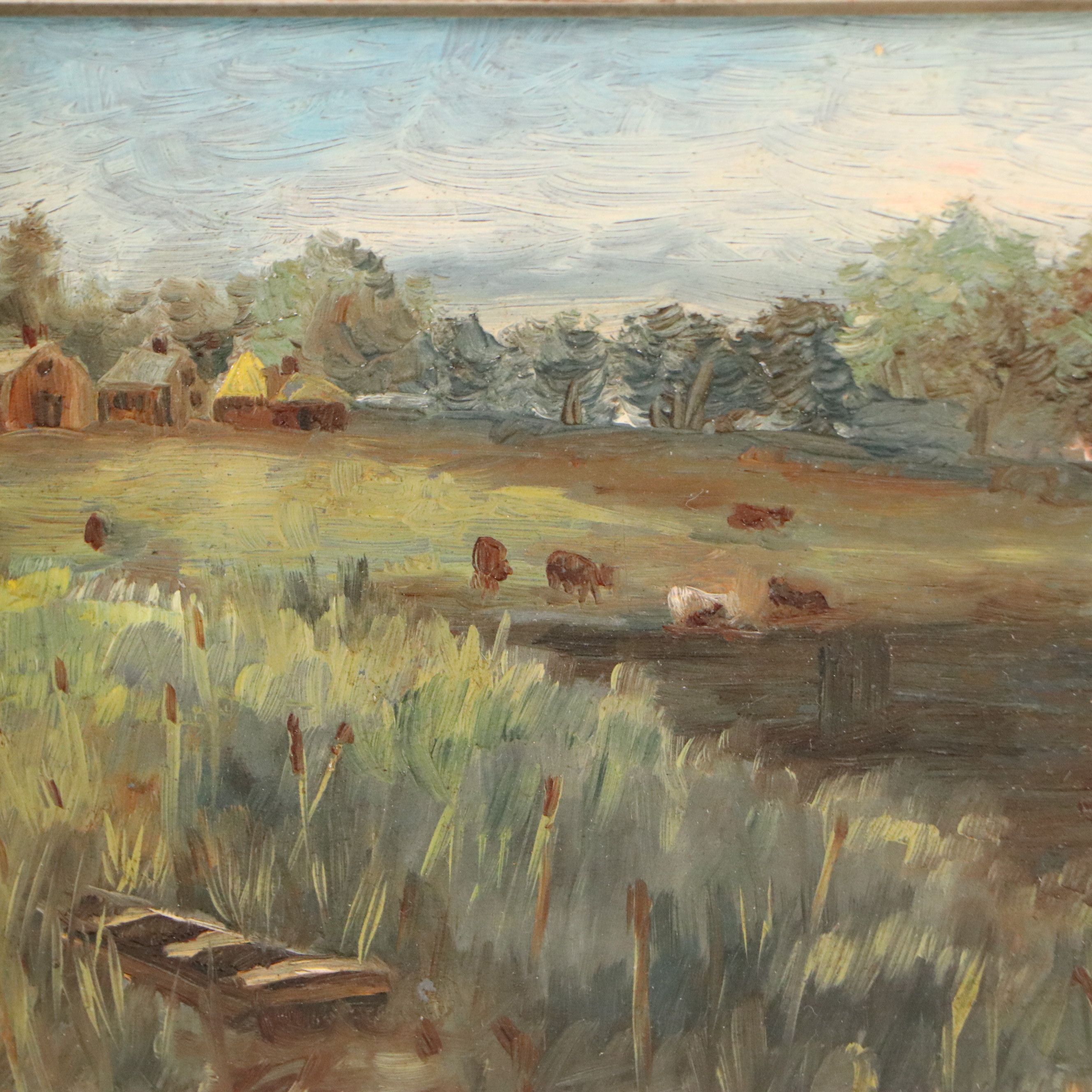 River Landscape Oil Painting with Cows in Pasture, Late 20th Century