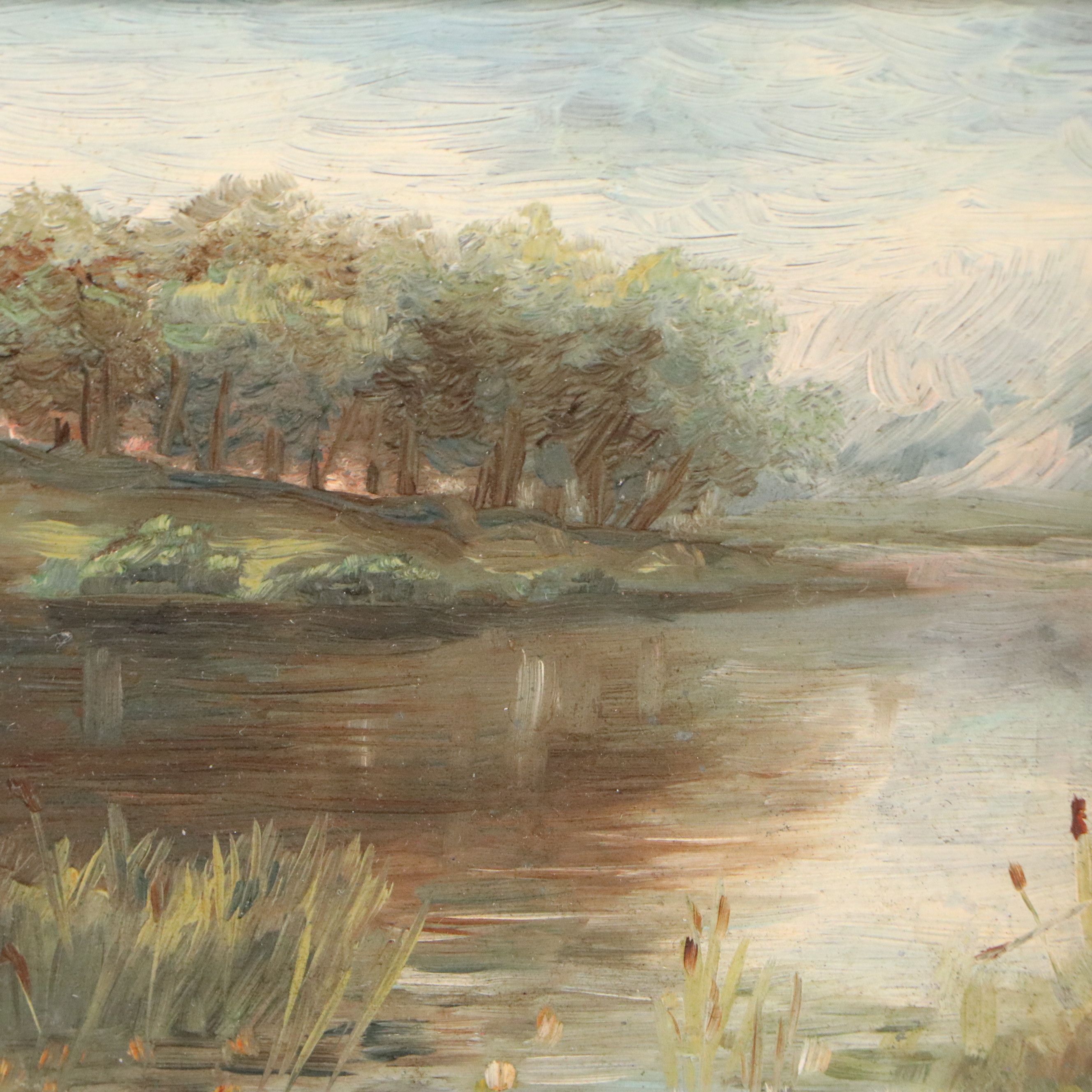 River Landscape Oil Painting with Cows in Pasture, Late 20th Century