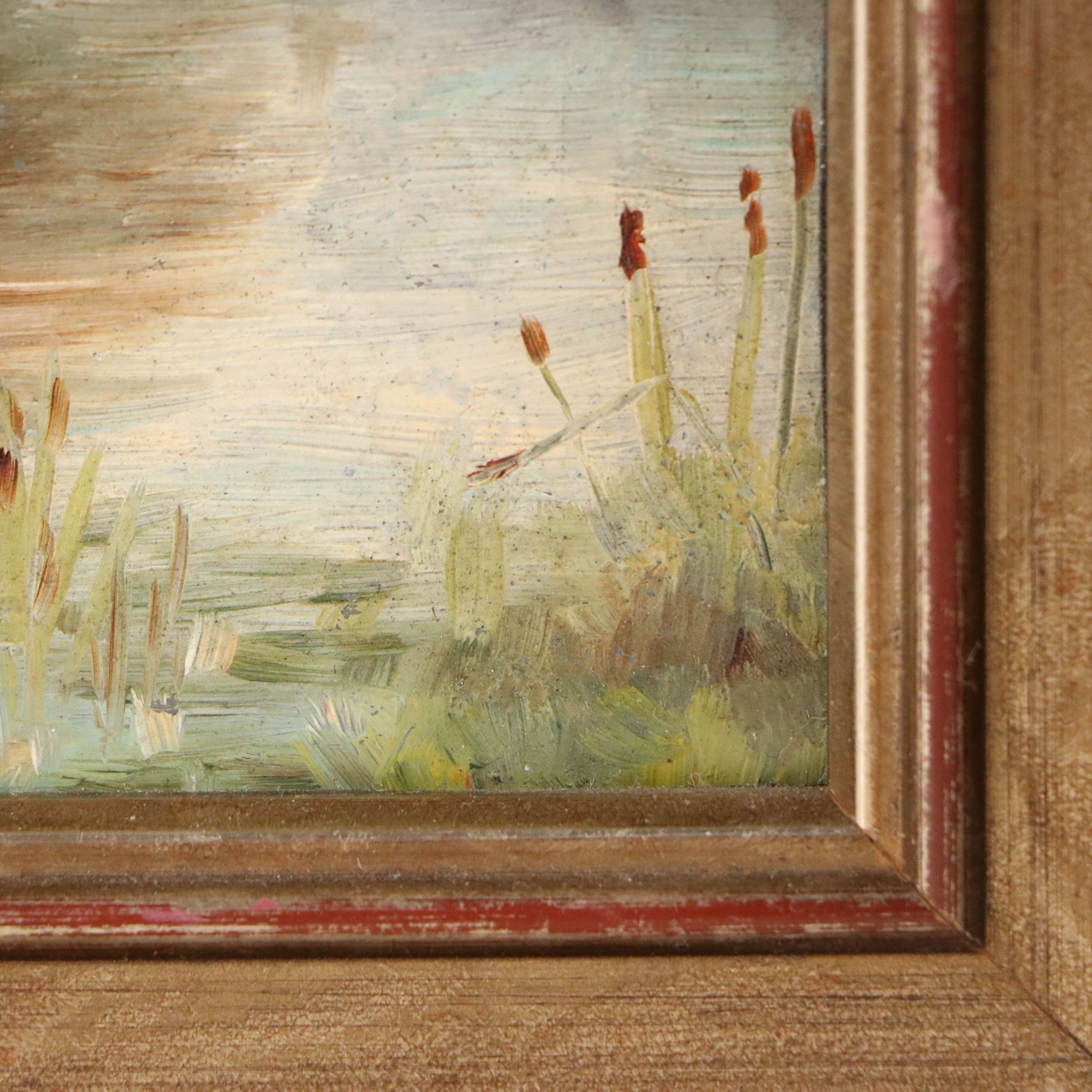 River Landscape Oil Painting with Cows in Pasture, Late 20th Century