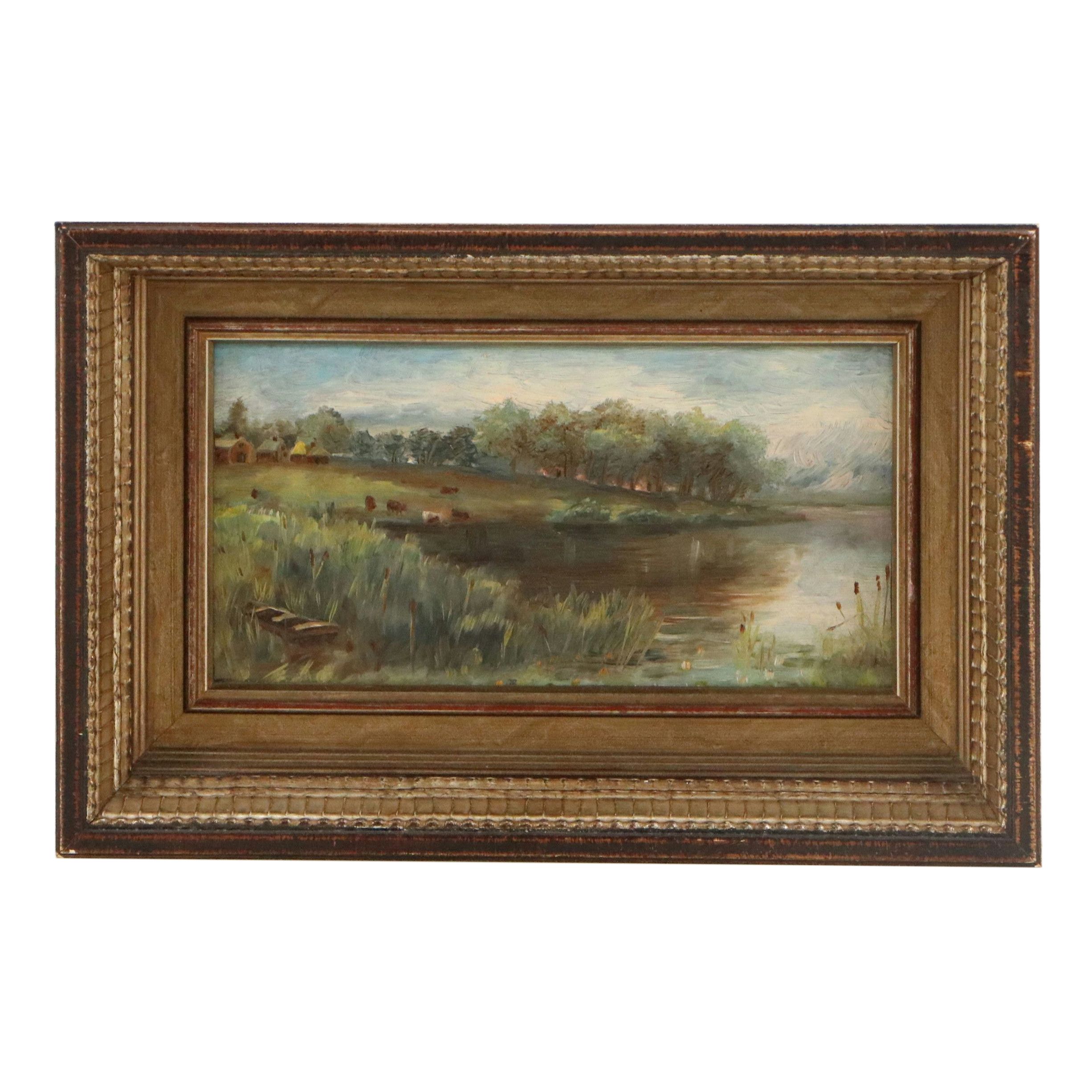 River Landscape Oil Painting with Cows in Pasture, Late 20th Century