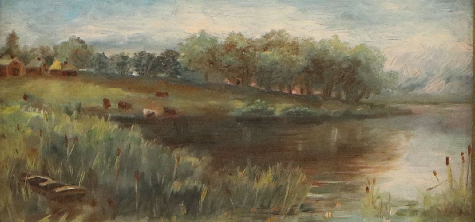 River Landscape Oil Painting with Cows in Pasture, Late 20th Century
